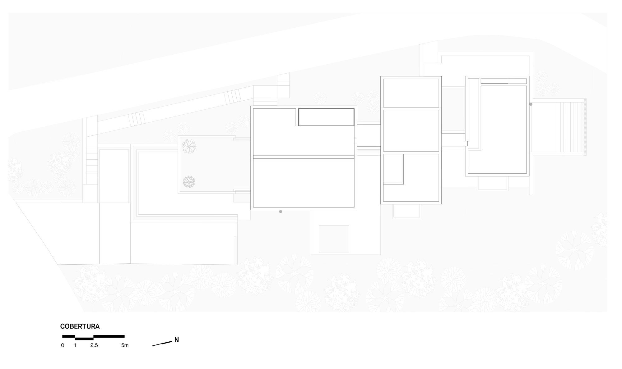 Roof plan drawing showing offset rectangular volumes with a pool and landscaped areas
