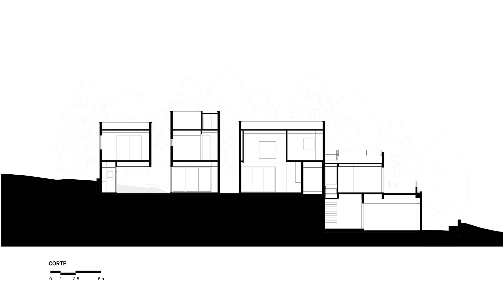 Section drawing revealing staggered interior levels carved into a sloped site