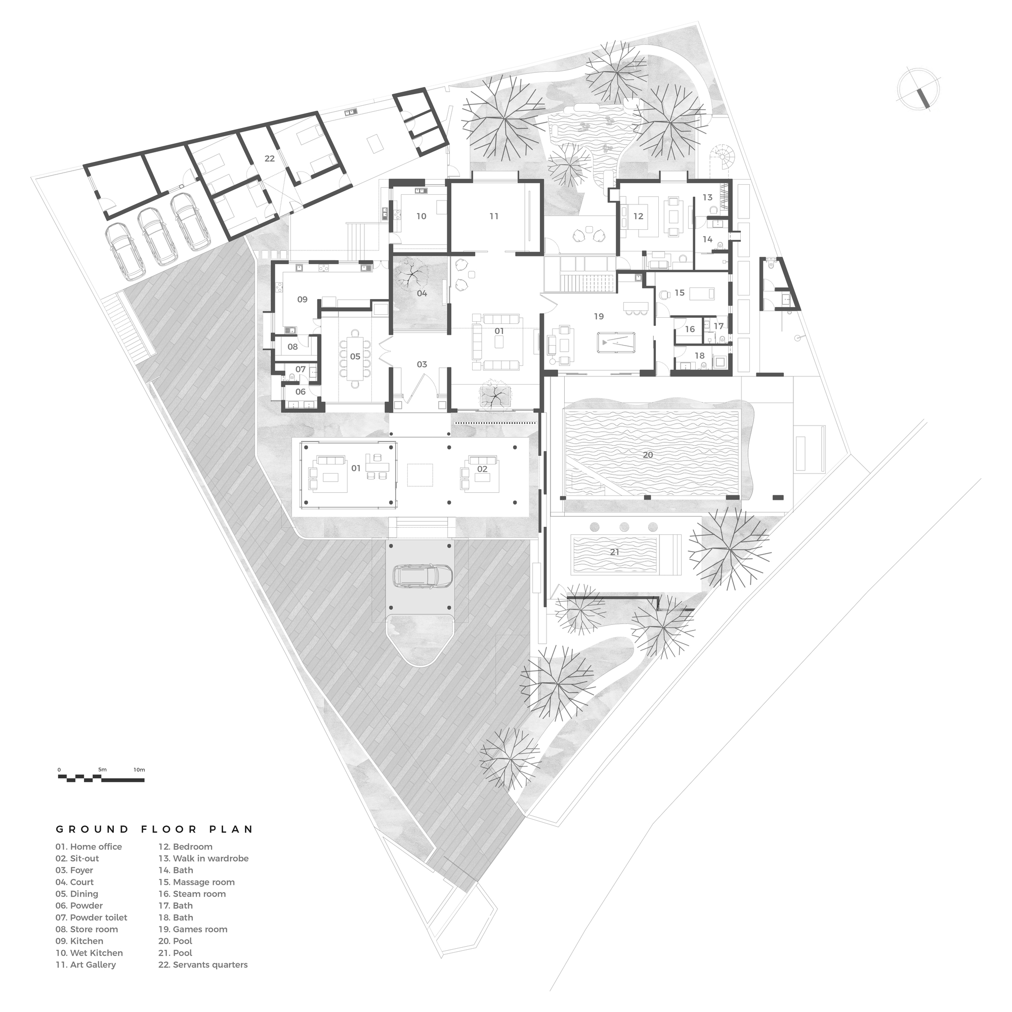 Ground floor plan drawing displaying living spaces, service quarters, pool and garage on an angular site with trees