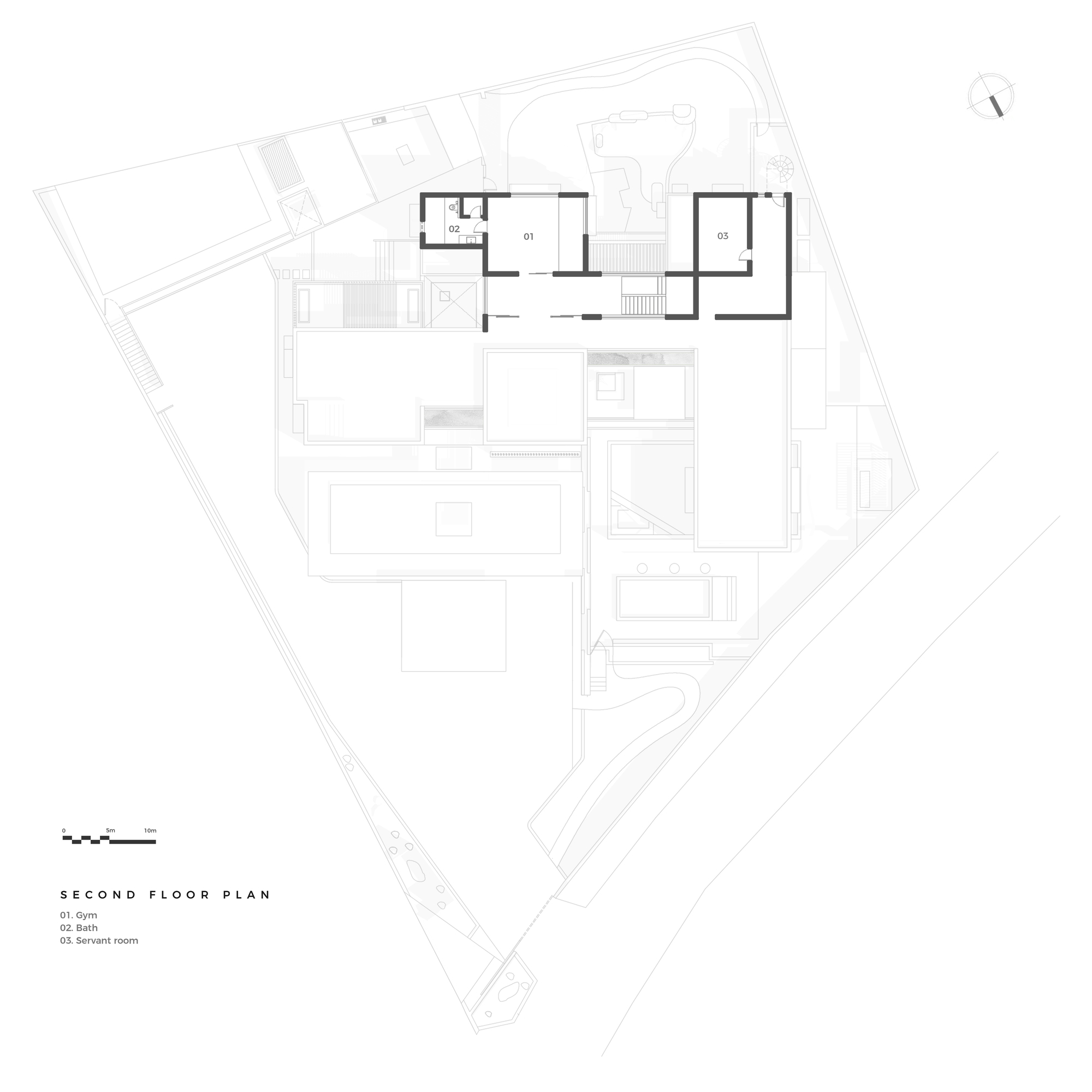 Second floor plan drawing indicating a banquet room and bath in a compact wing above lower levels
