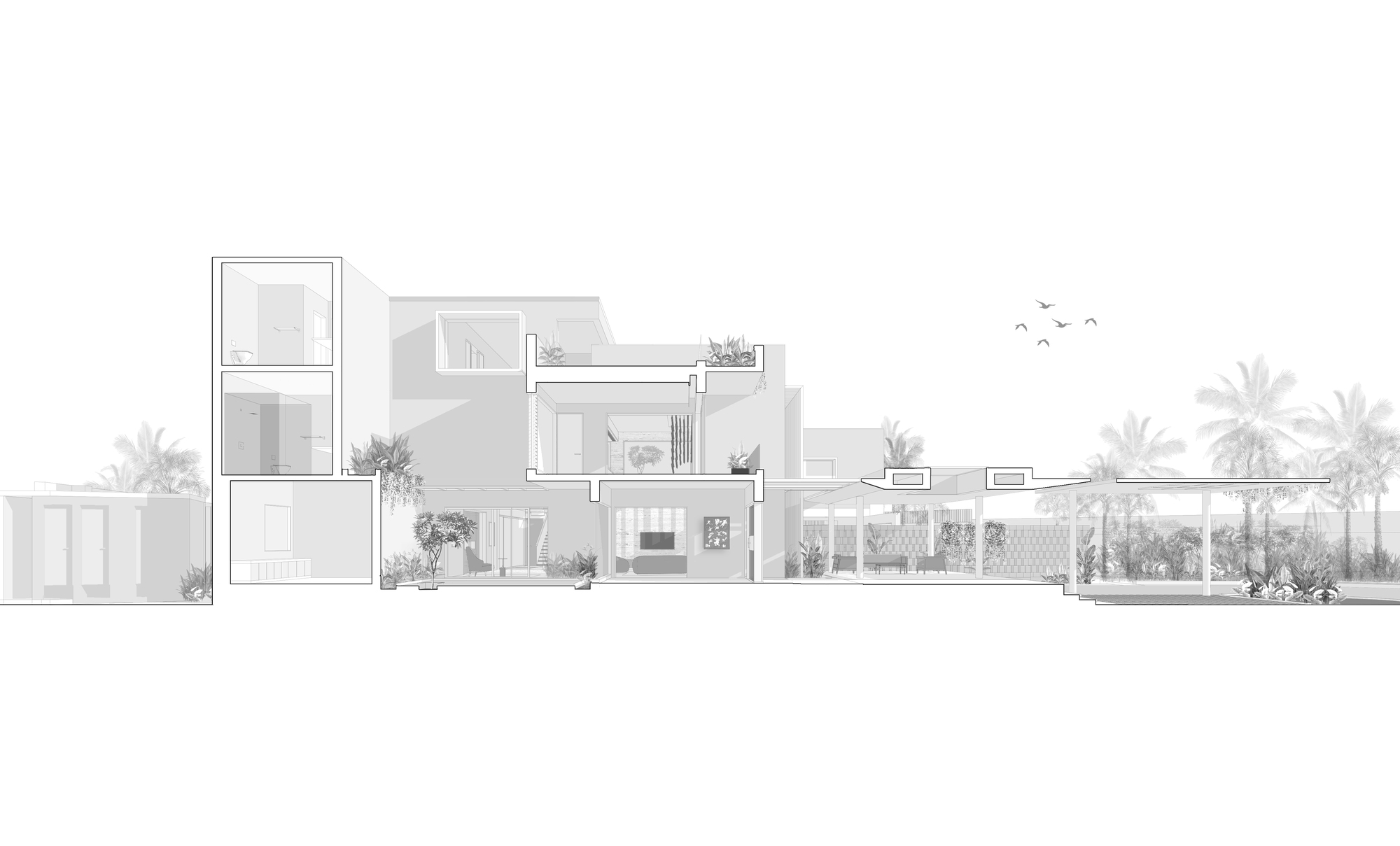 Elevation drawing showing multi-level volumes with terraces and palm trees flanking both sides