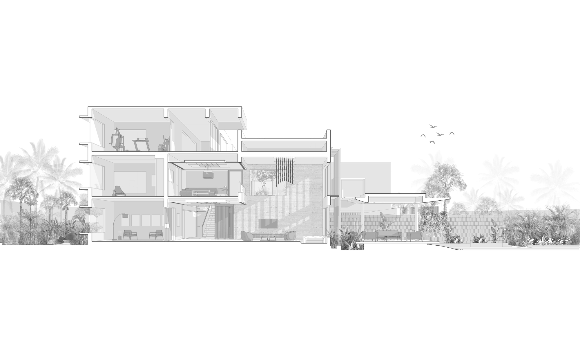 Section drawing revealing stacked interior spaces with staircases and palm trees in the landscape