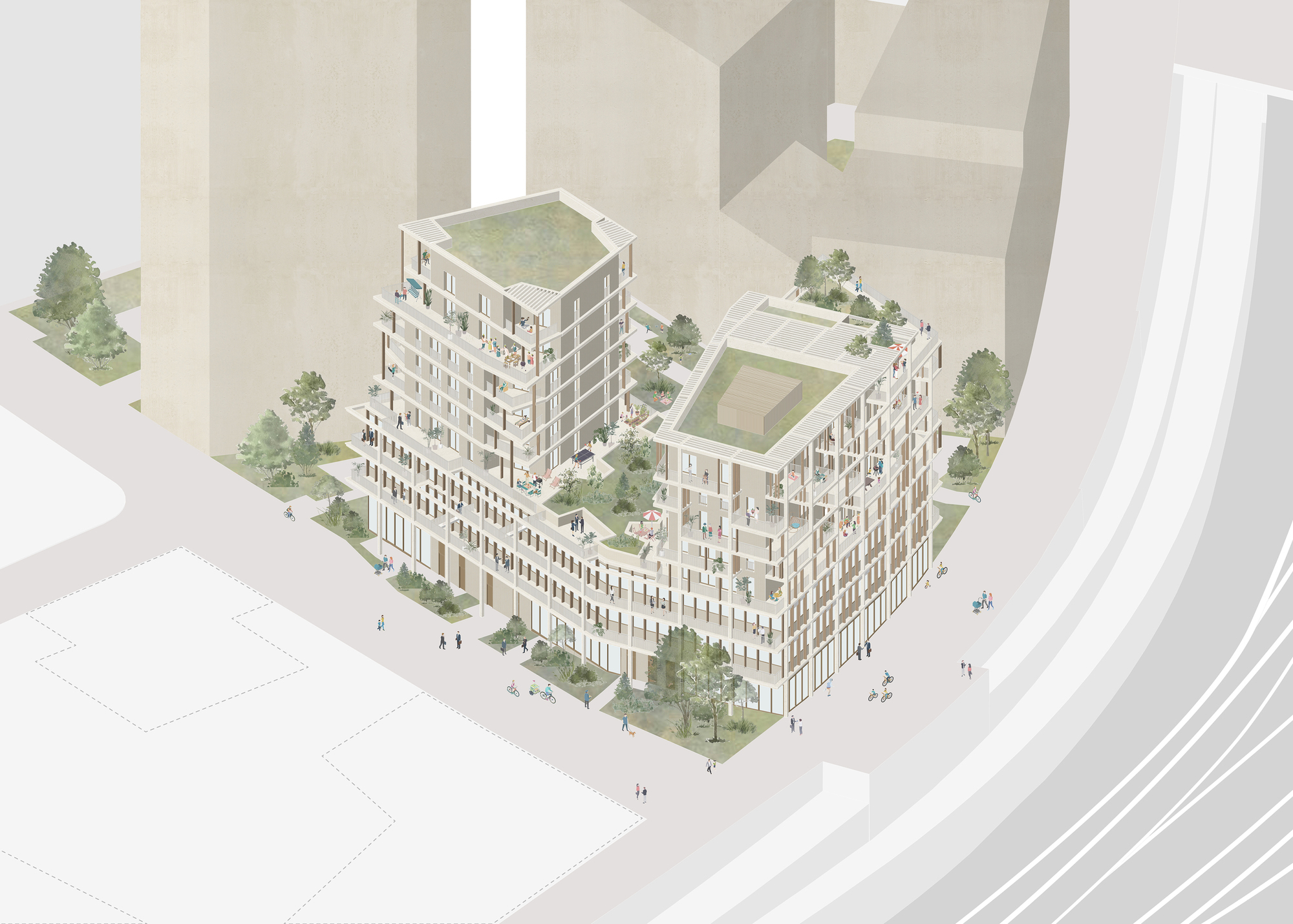 Aerial perspective rendering of the mixed-use complex with rooftop gardens and street-level trees