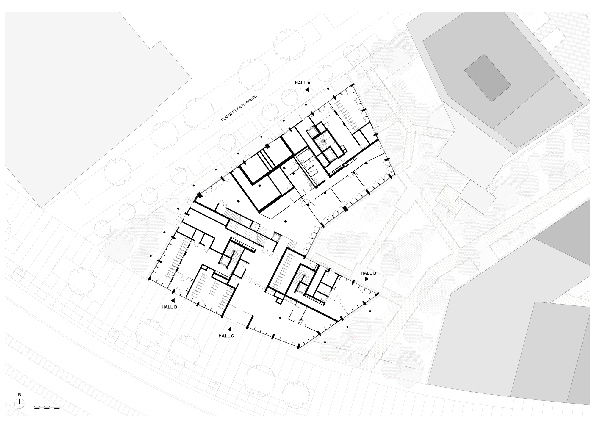 Ground floor plan drawing depicting multiple halls arranged around a central circulation space