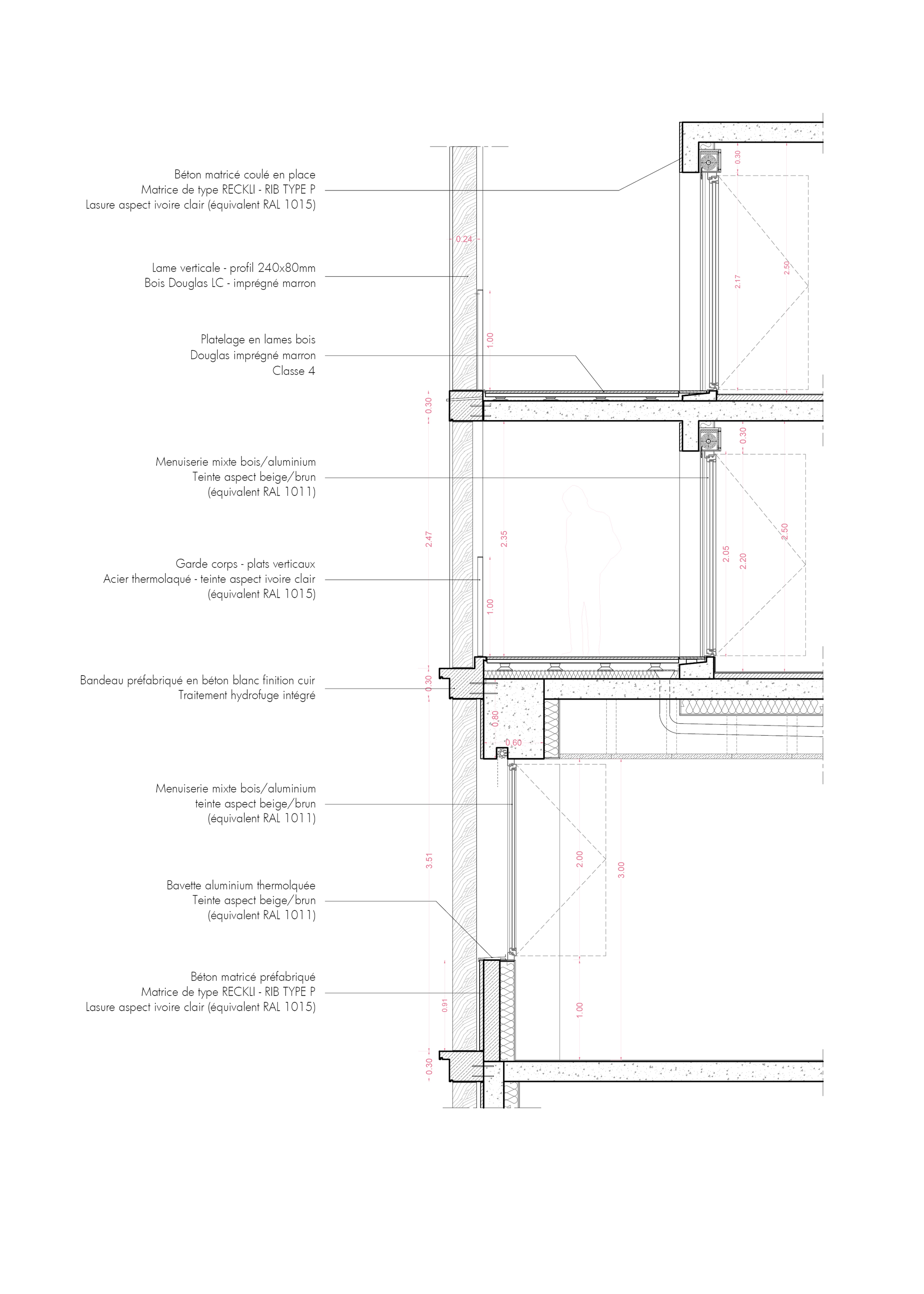 Wall section drawing detailing the timber framing, aluminum windows, cladding layers, and floor assembly connections