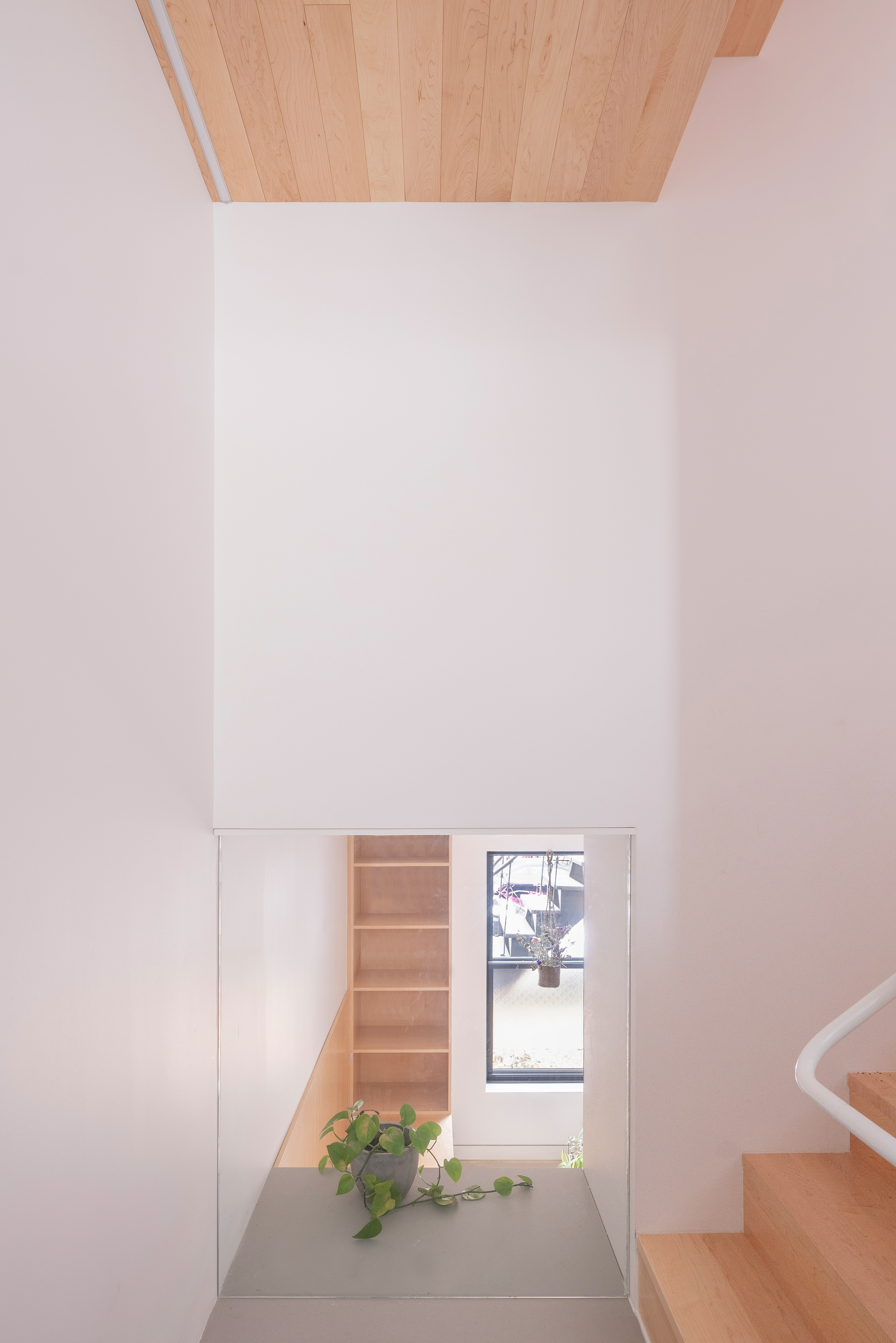 Double-height interior space with timber ceiling above white walls and a sunken alcove with shelving and a potted plant