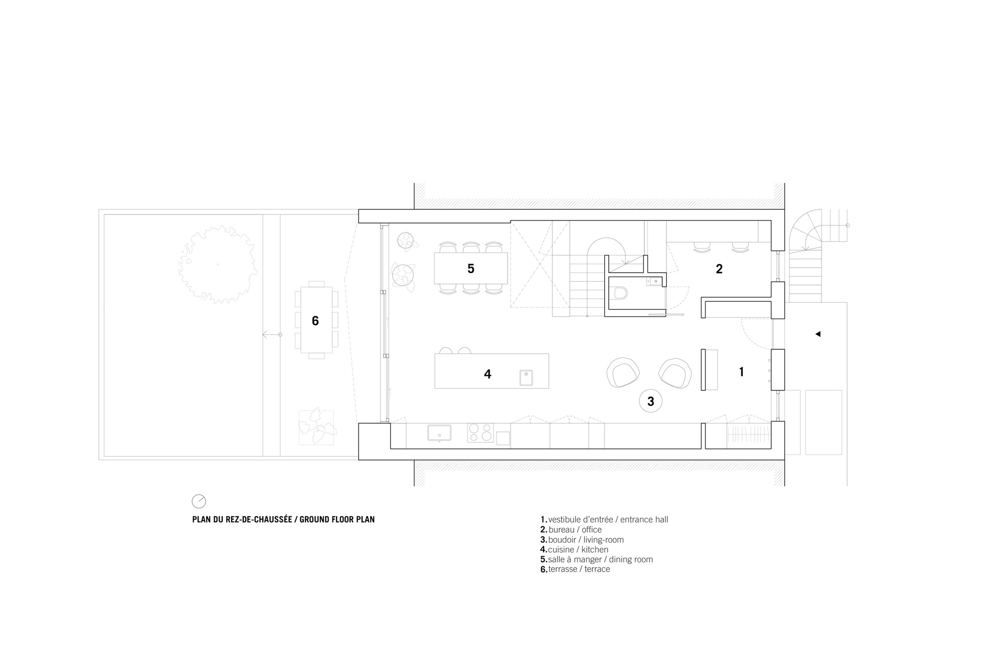 Ground floor plan drawing showing an open layout with kitchen, dining room, and terrace