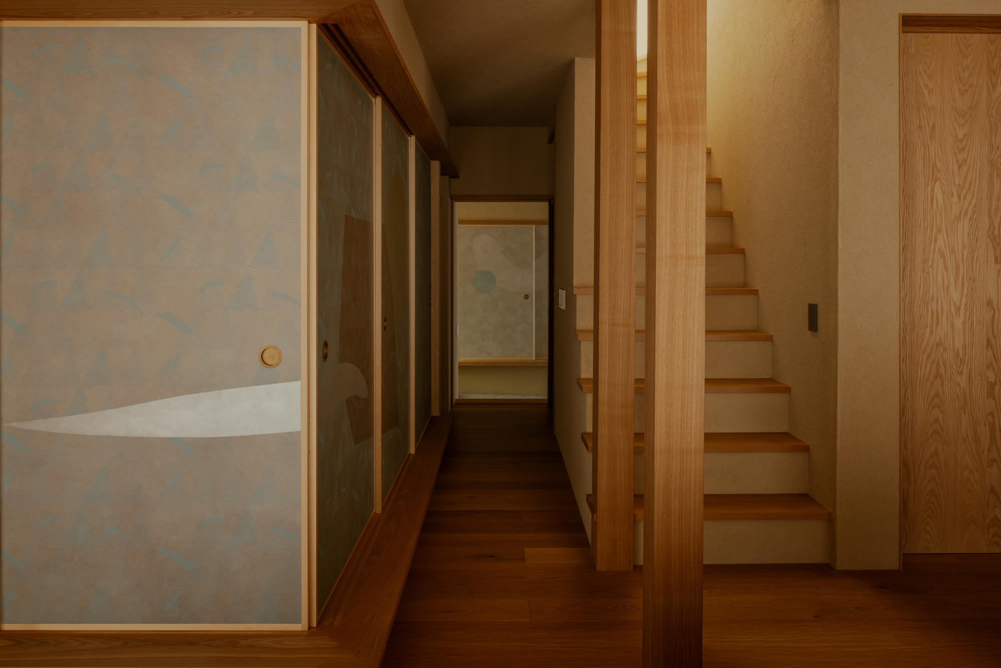 Hallway view showing translucent sliding panels, timber staircase, and wooden flooring