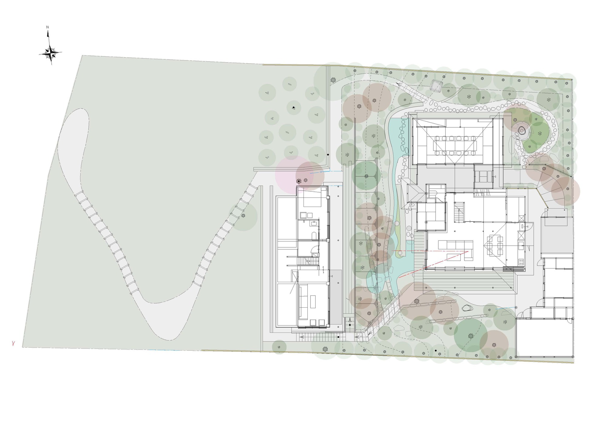 Site plan drawing showing building footprints with central water feature and surrounding planted landscape