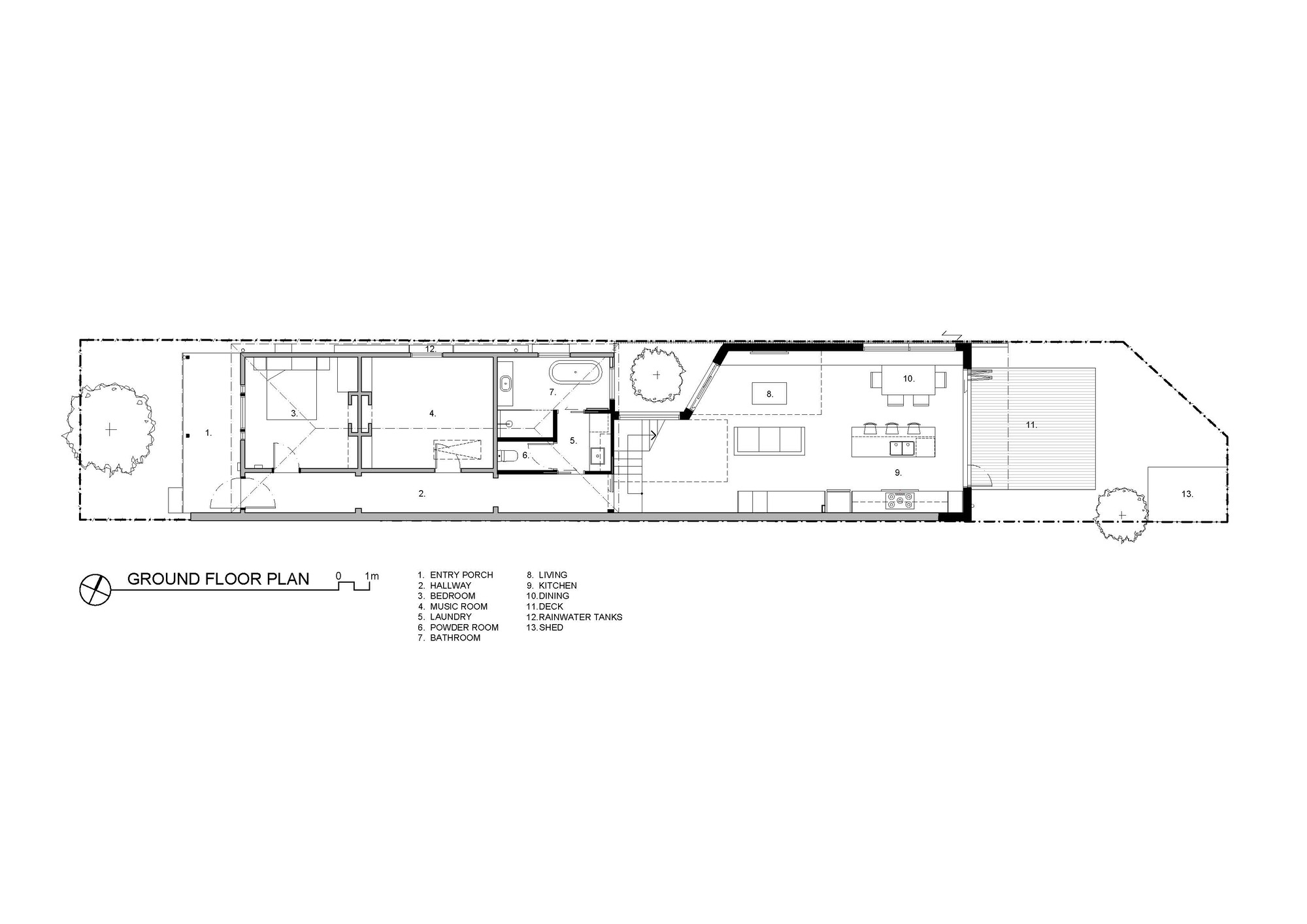 Ground floor plan drawing showing a narrow linear layout with central staircase connecting living spaces