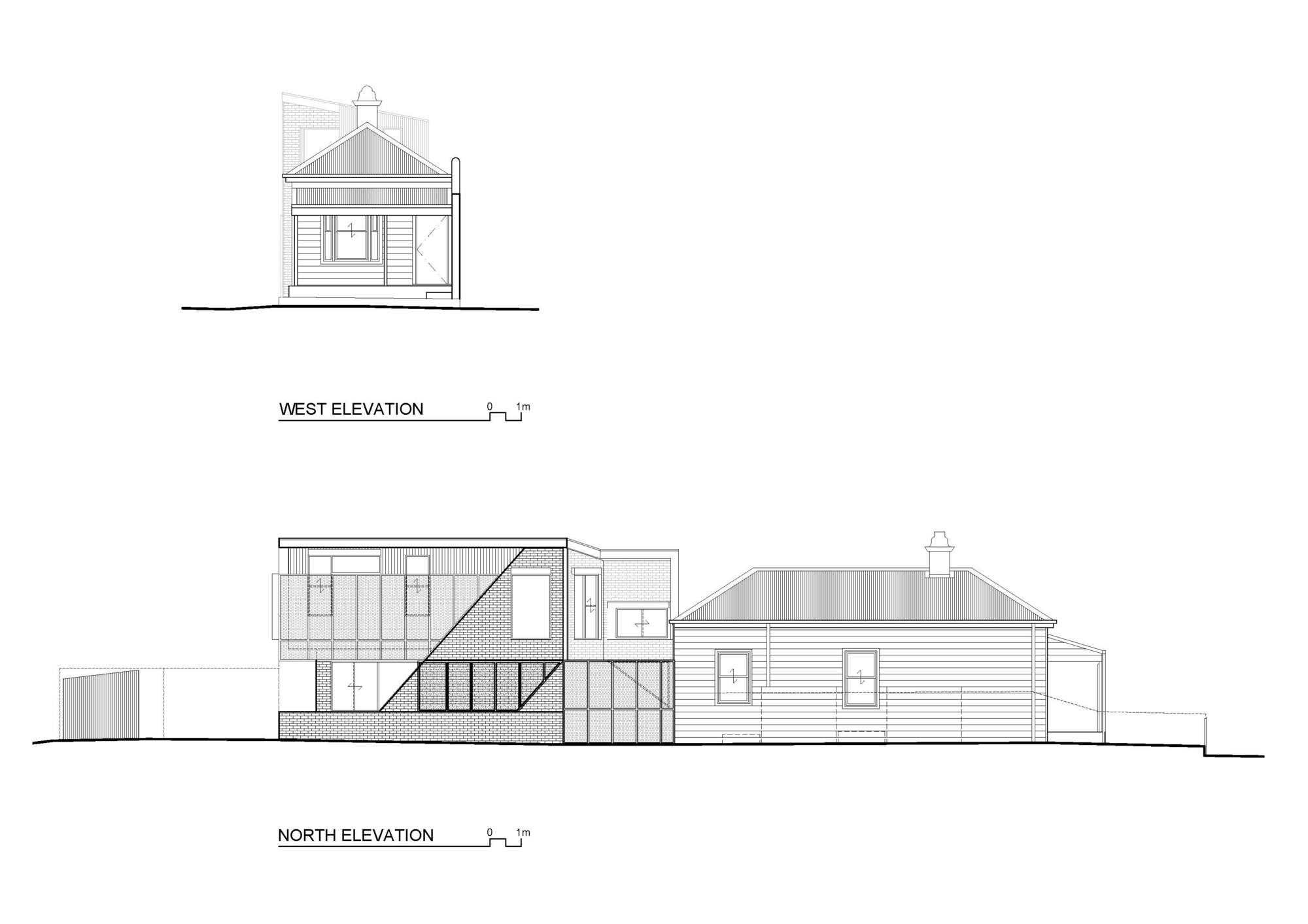 West and north elevation drawings showing the gabled pavilion and horizontal timber-clad residence