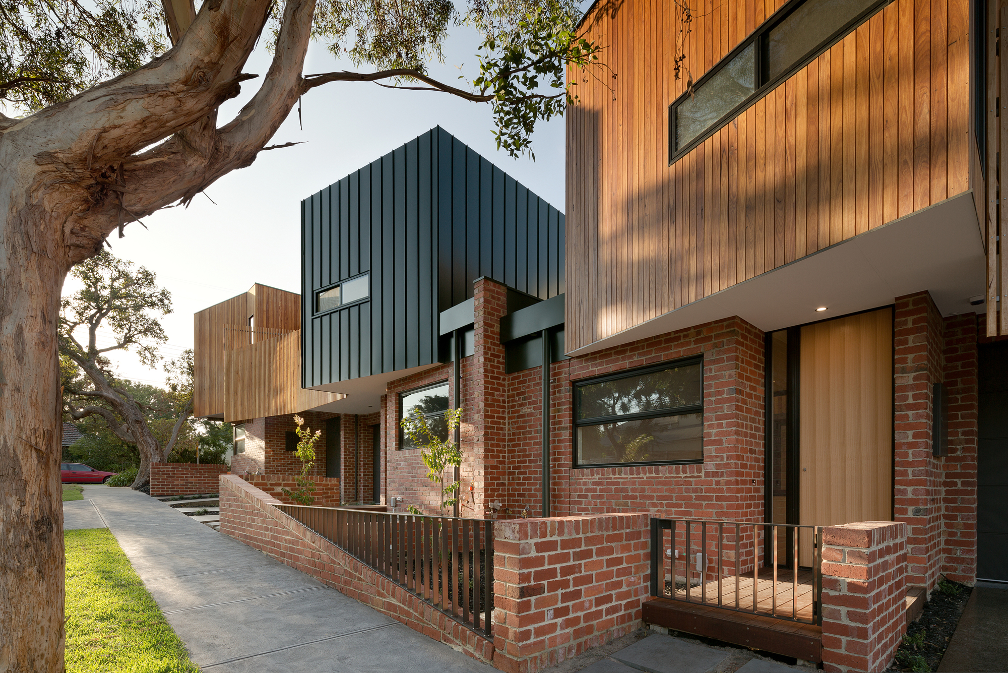 Streetscape showing the staggered brick fence, timber and metal upper volumes, and overhanging gum tree branches in late afternoon