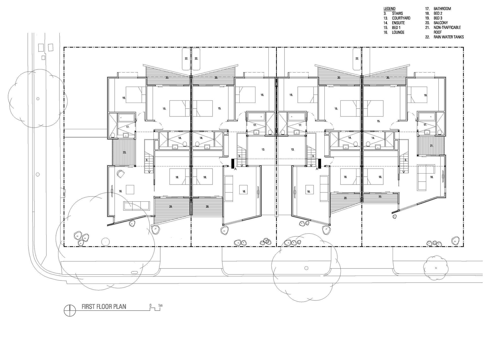 First floor plan drawing showing four units with bedrooms, bathrooms, and sloped roof lines