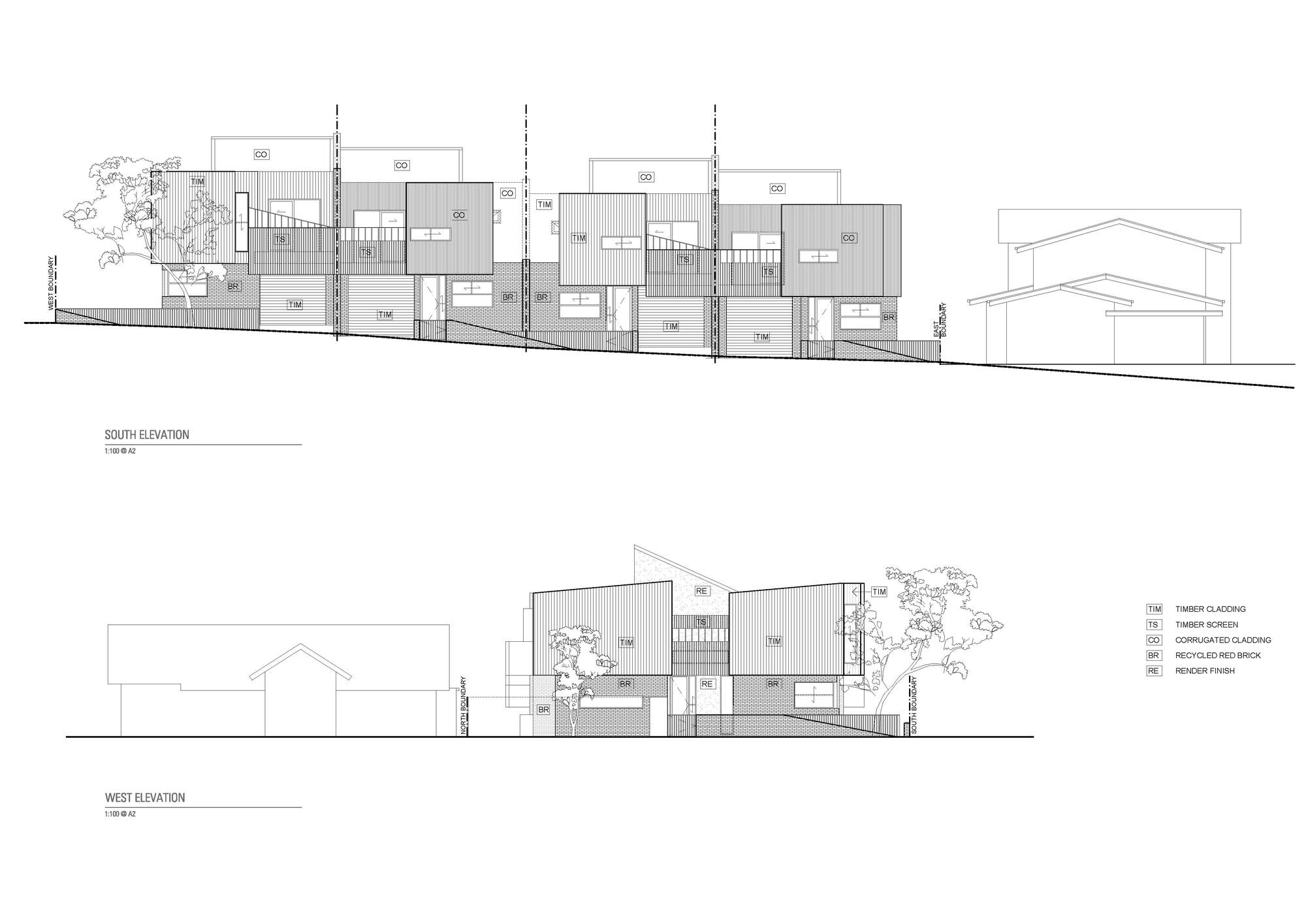 South and west elevation drawings depicting residential volumes with varied roof forms and adjacent trees