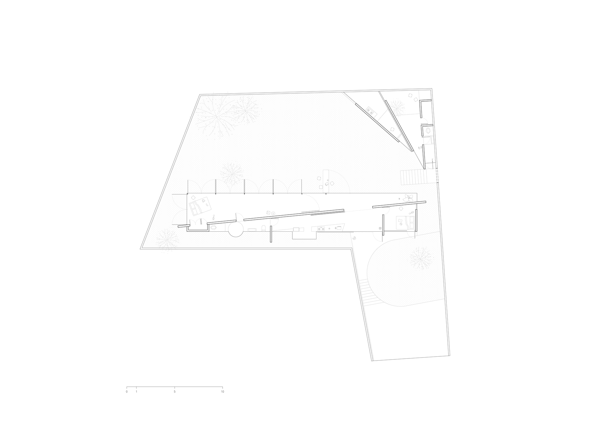 Site plan drawing showing linear building volumes arranged around gravel courtyards