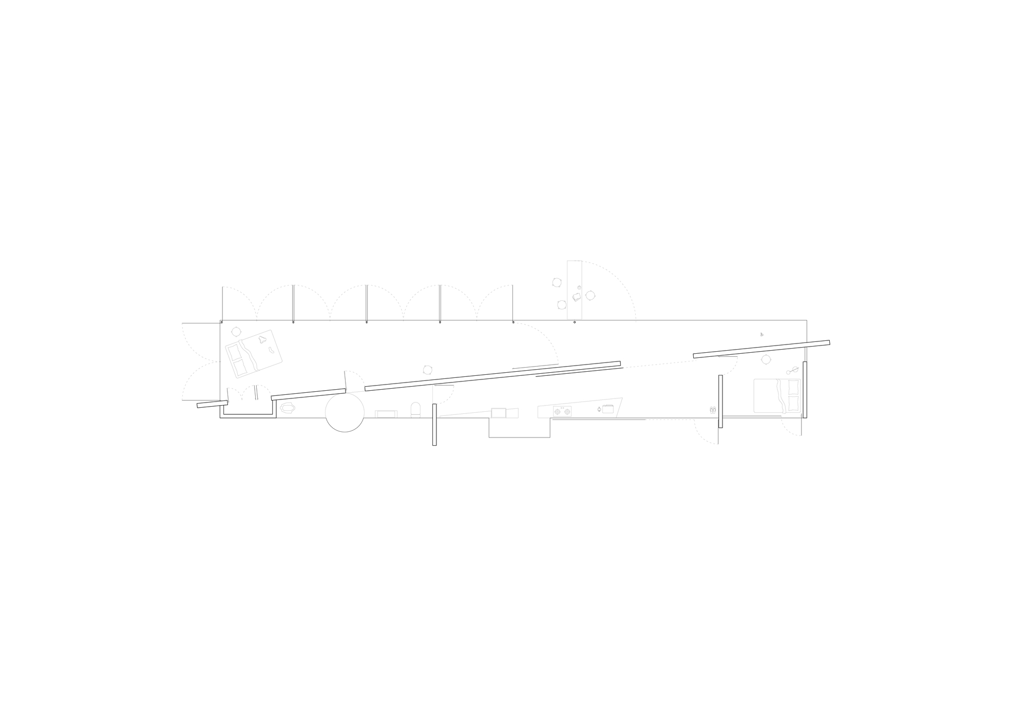 Section drawing showing the elongated interior spaces with exposed structural columns