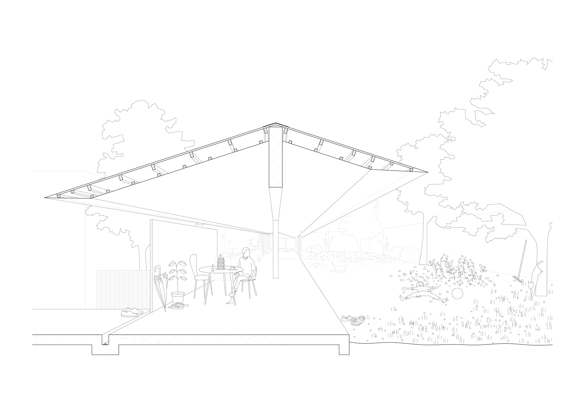 Section drawing showing the pitched roof structure sheltering dining area with garden beyond