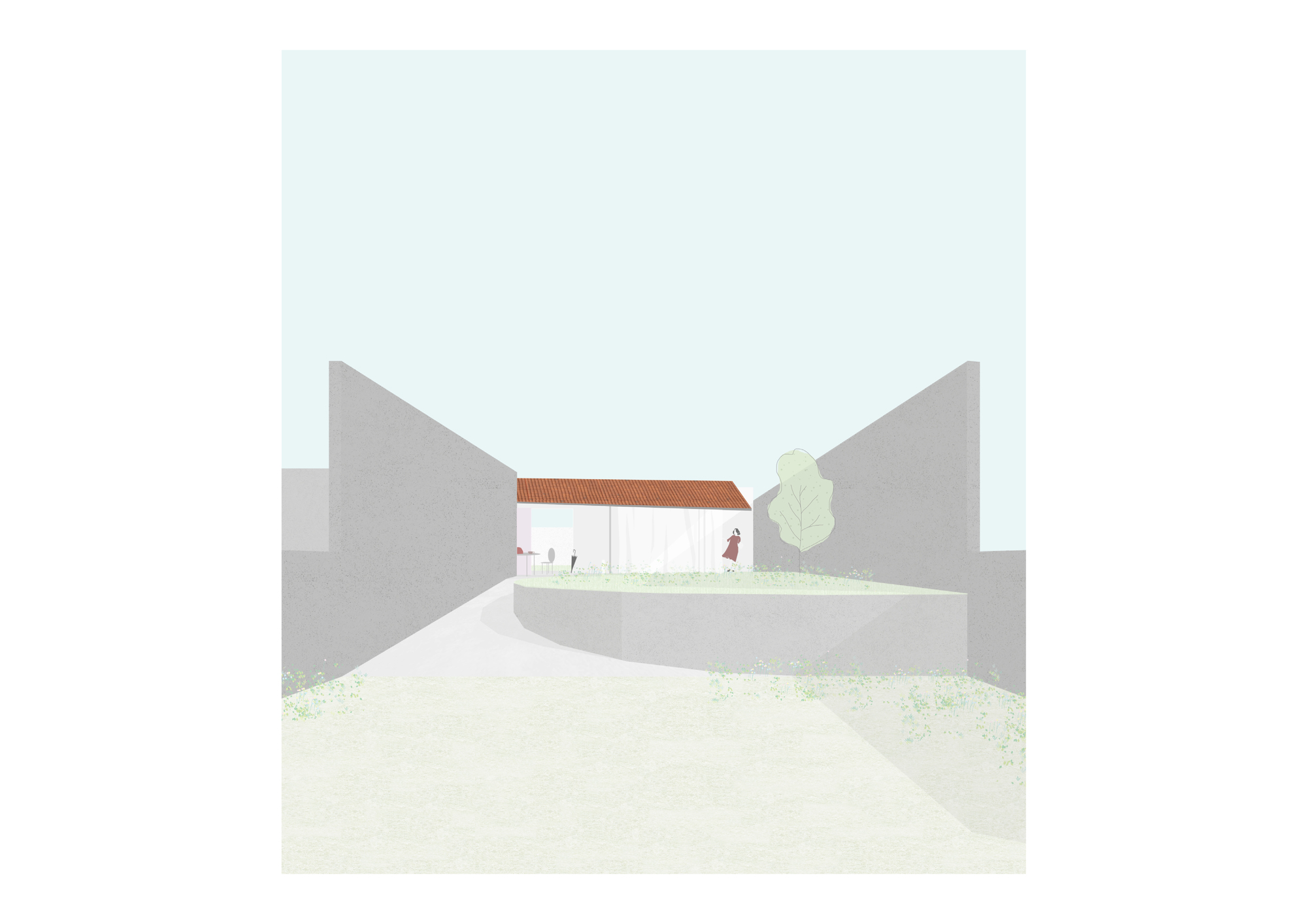 Perspective rendering of an approach through angled walls leading to the pavilion with courtyard planting