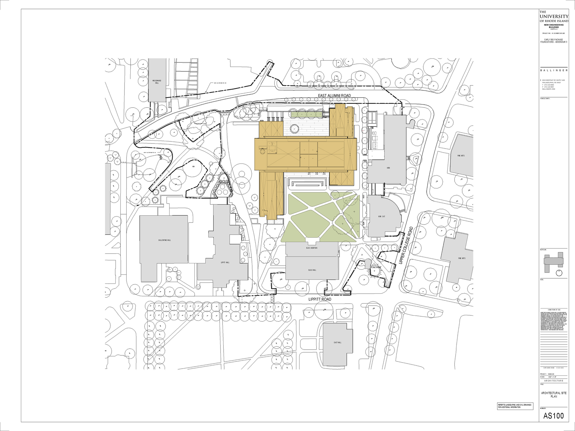 Site plan drawing showing the central building cluster with courtyard and surrounding pathways and trees