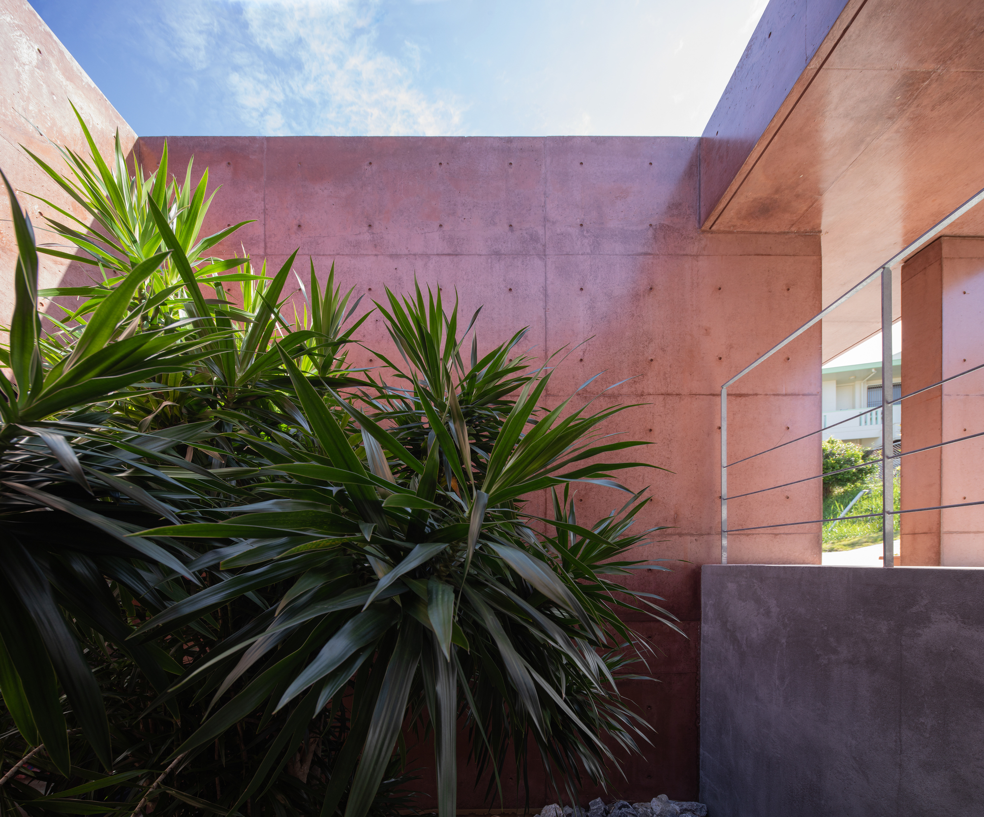 Open-air courtyard with planted palms against rammed earth walls under a blue sky