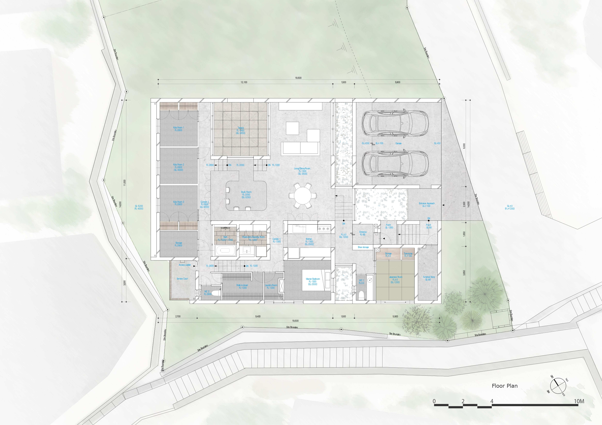 Floor plan drawing showing rooms arranged around a central courtyard with attached garage and surrounding landscape