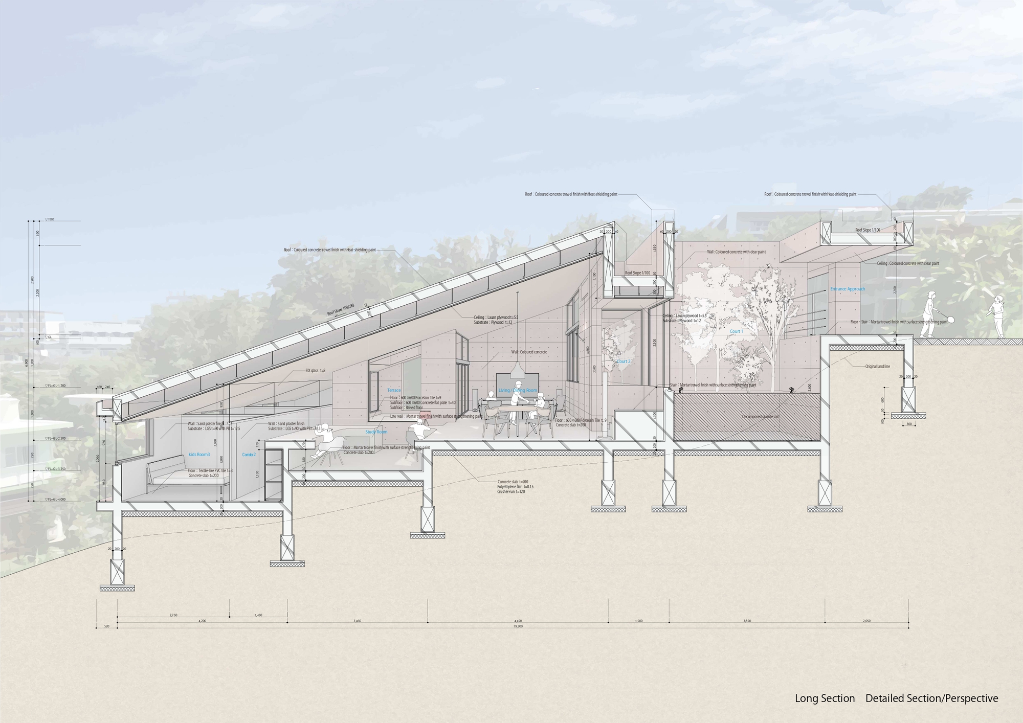 Long section drawing illustrating the sloped roof structure and interior spatial organization with annotated construction details