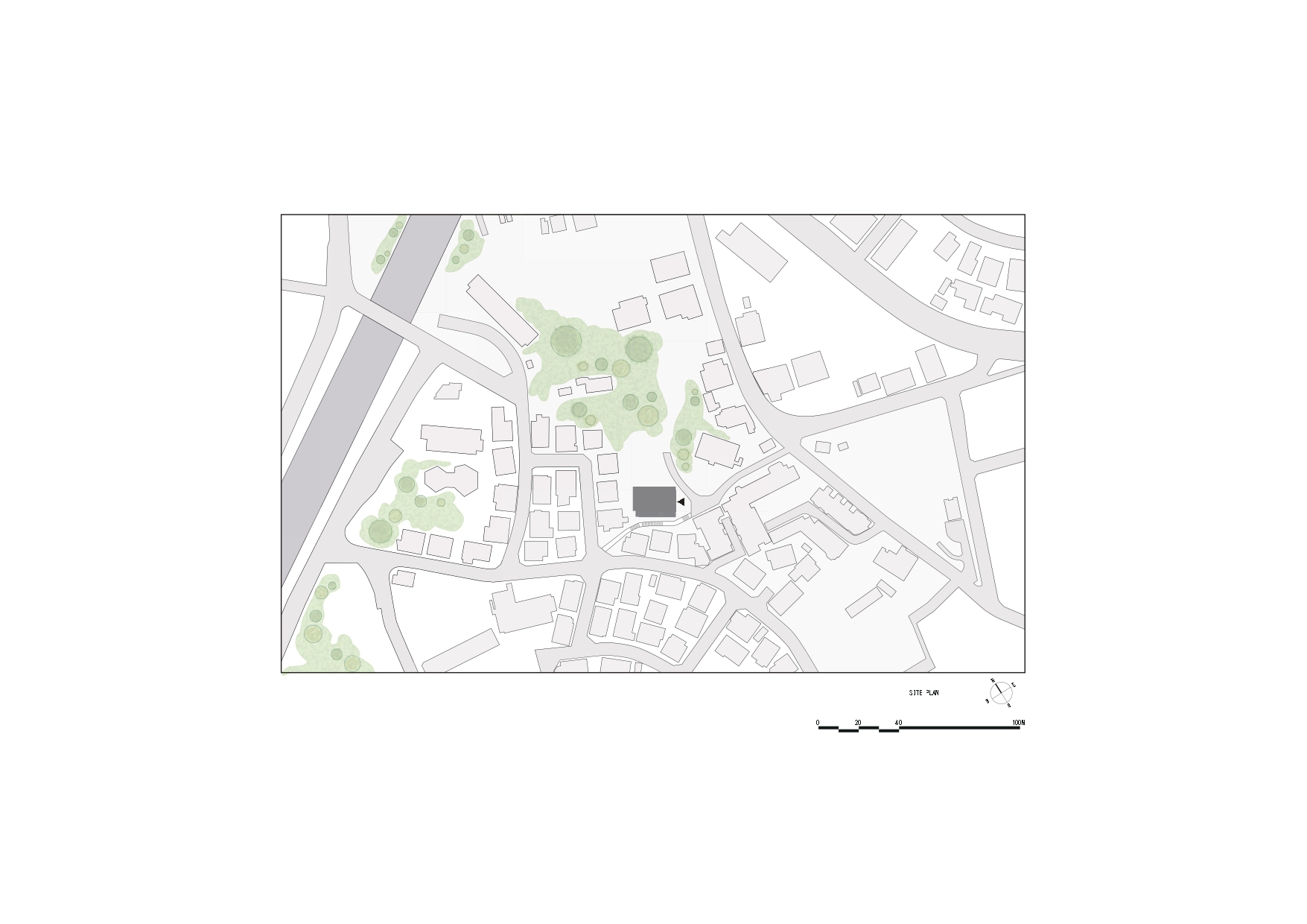 Site plan drawing showing the building footprint within a residential neighborhood with surrounding streets and greenspace