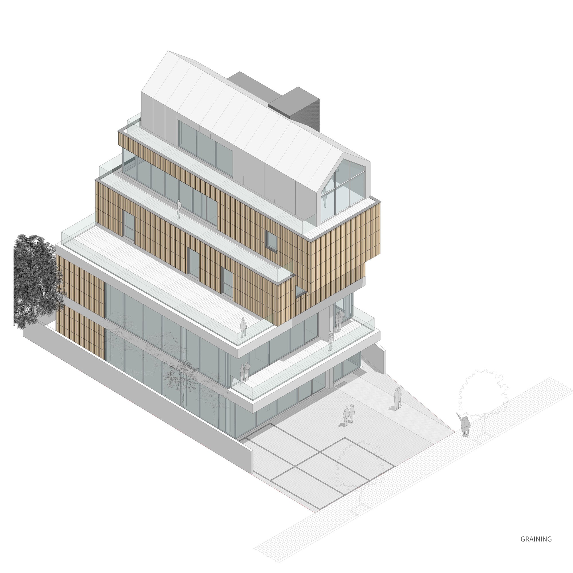 Axonometric drawing with vertical timber cladding on offset volumes above a paved entry plaza with trees