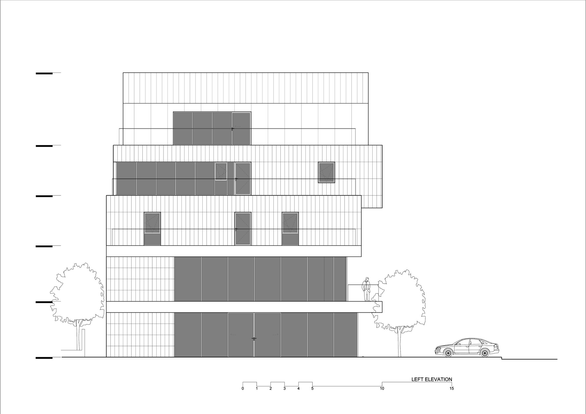 Left elevation drawing showing stacked volumes with ribbon windows and flanking trees and car
