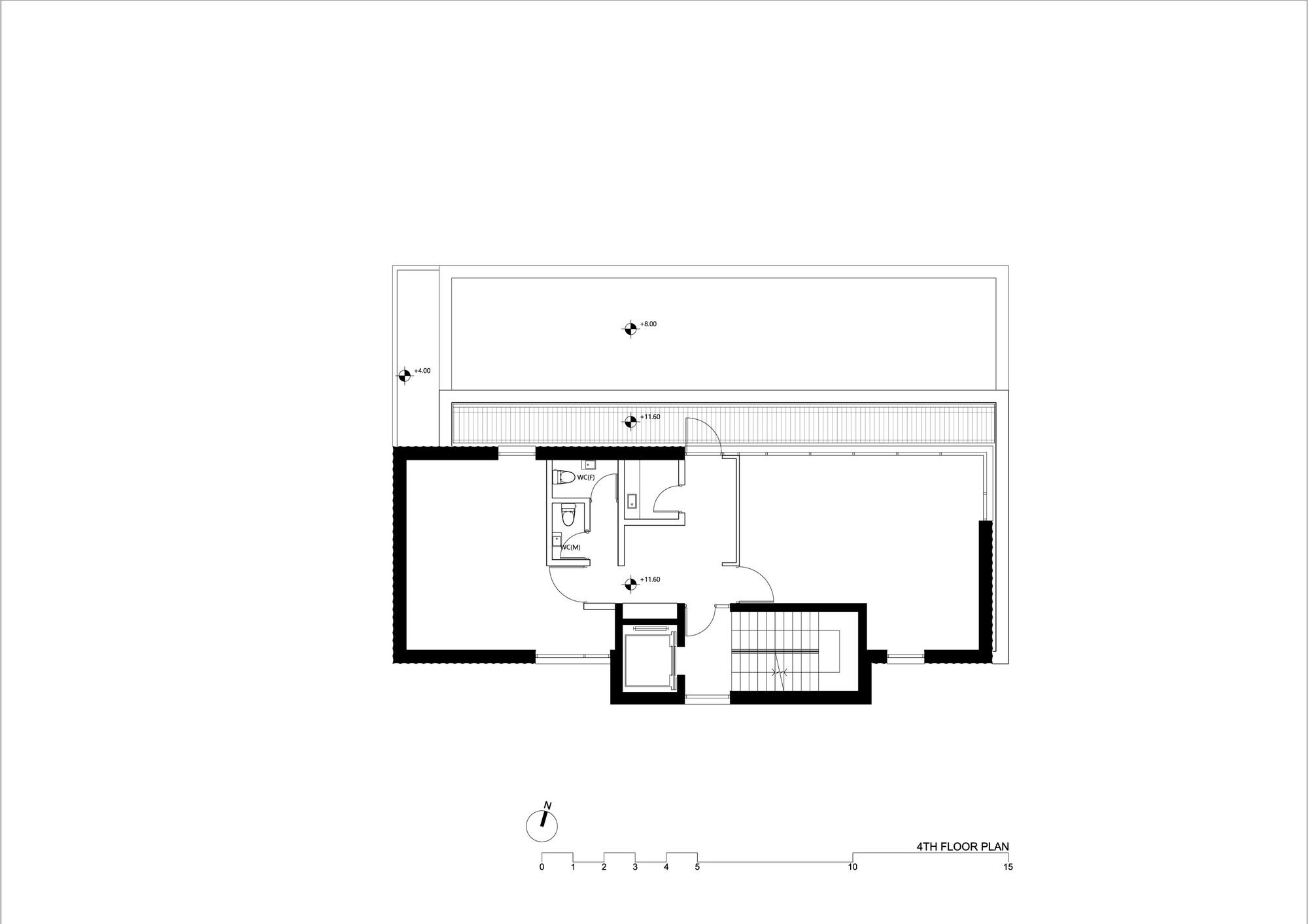 Fourth floor plan showing upper bedroom suite with bathroom and rooftop terrace