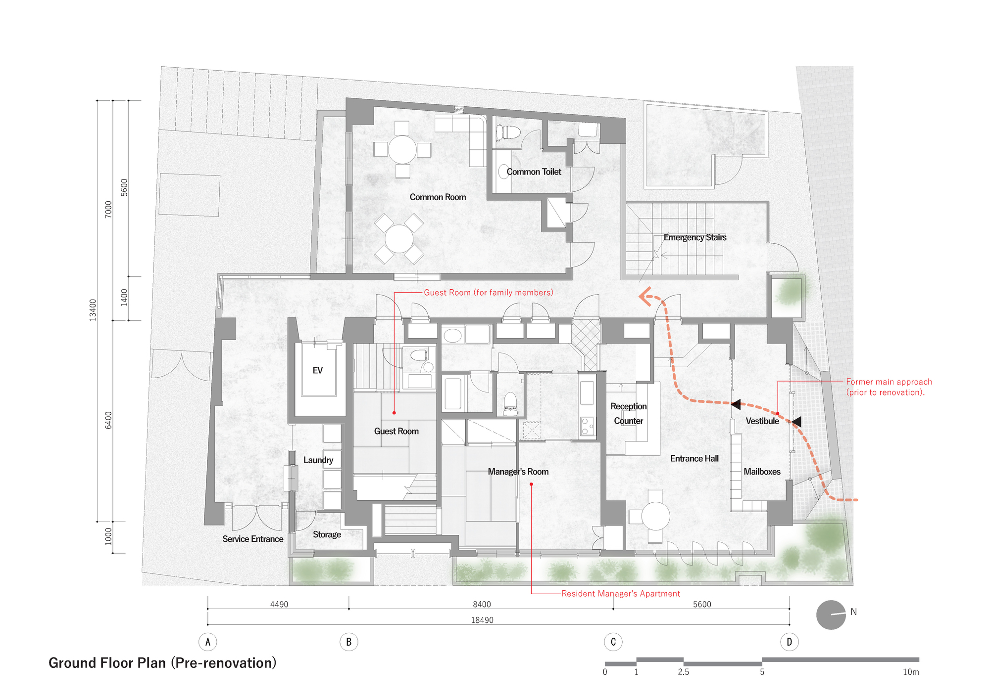Ground floor plan drawing showing common room, guest room, laundry, and manager's apartment before renovation