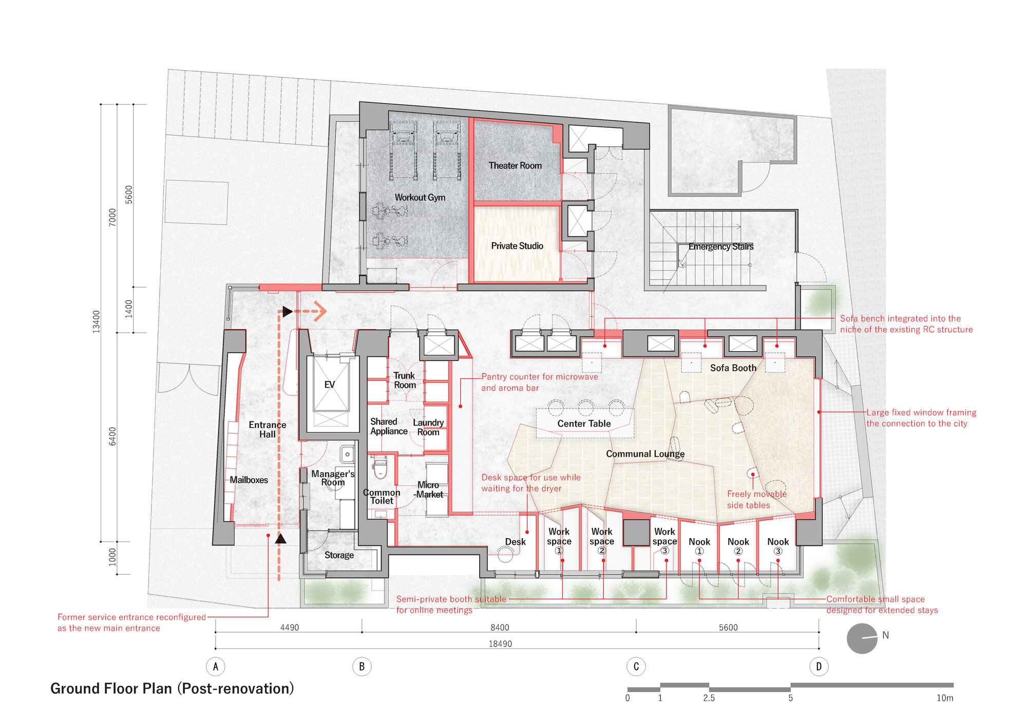 Ground floor plan drawing showing theater room, workout gym, communal lounge, and work nooks after renovation