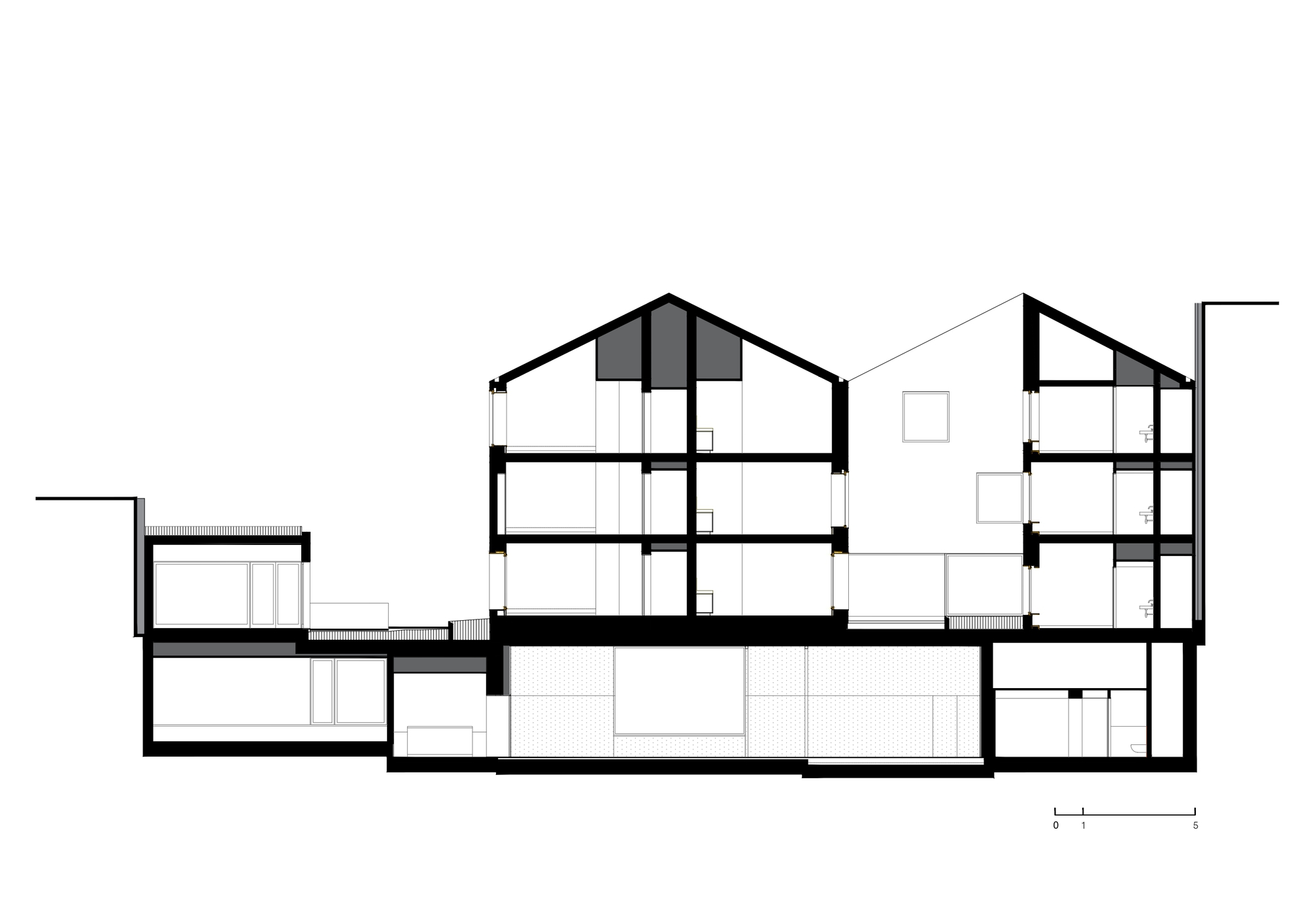 Section drawing revealing multi-story residential volumes with pitched roofs and a shared basement level
