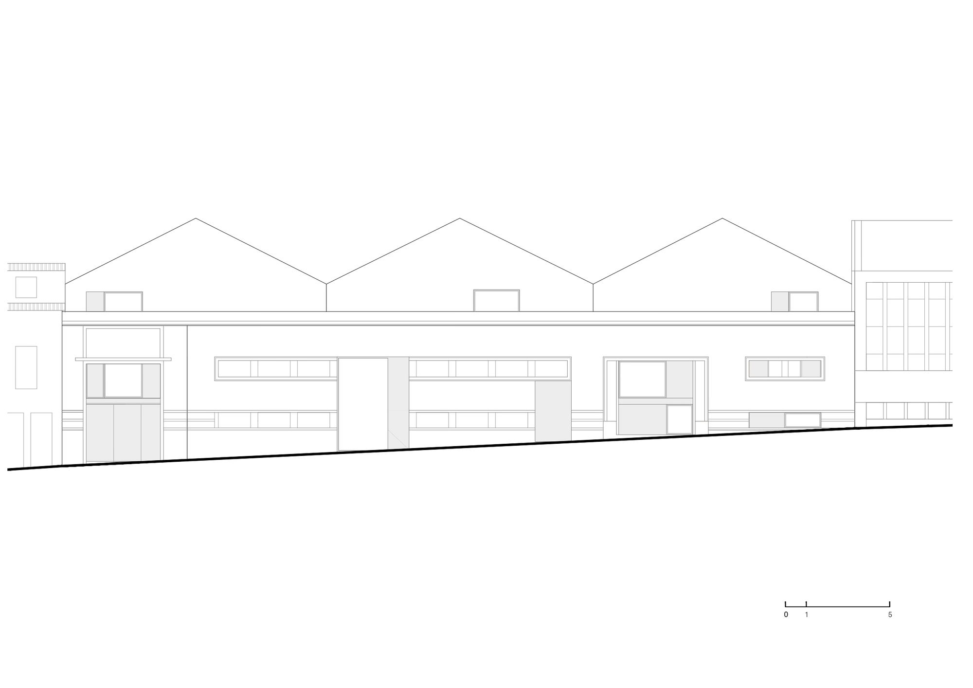 Elevation drawing displaying a sequence of gabled residential units with varied window openings and ground floor transparency