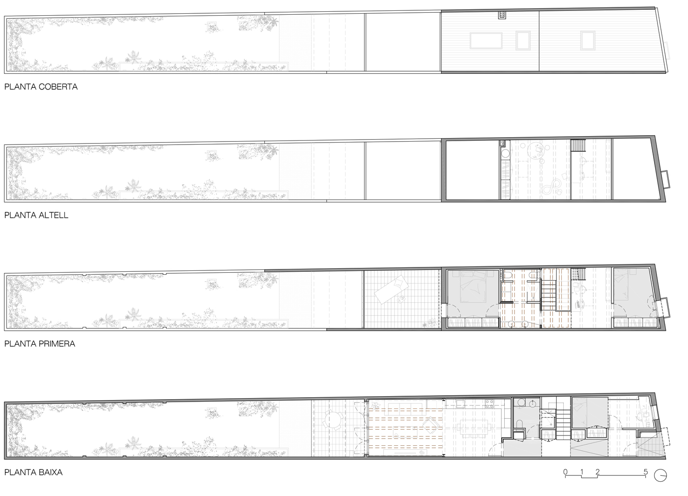 Four-level floor plan drawings showing a narrow linear building with courtyard and stair placement