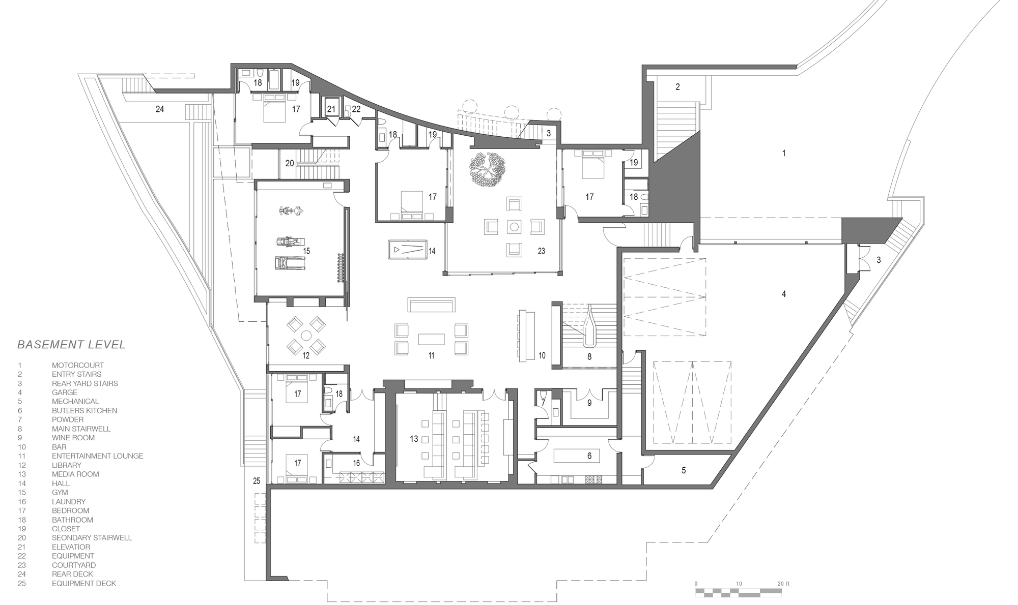 Basement level floor plan drawing showing an irregular perimeter with living spaces, service areas, and a pool