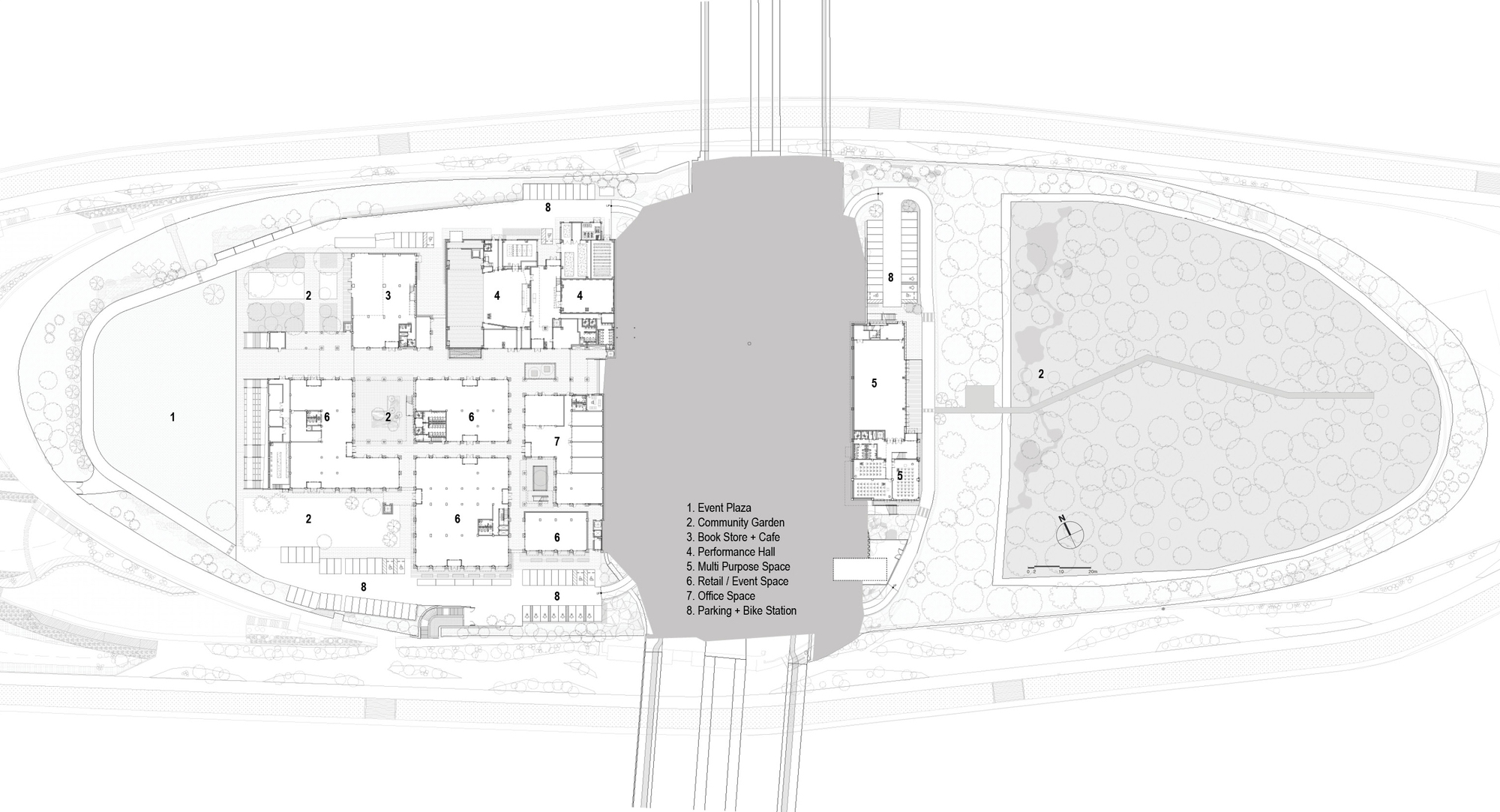Floor plan drawing depicting interior layout with labeled program zones and circulation paths