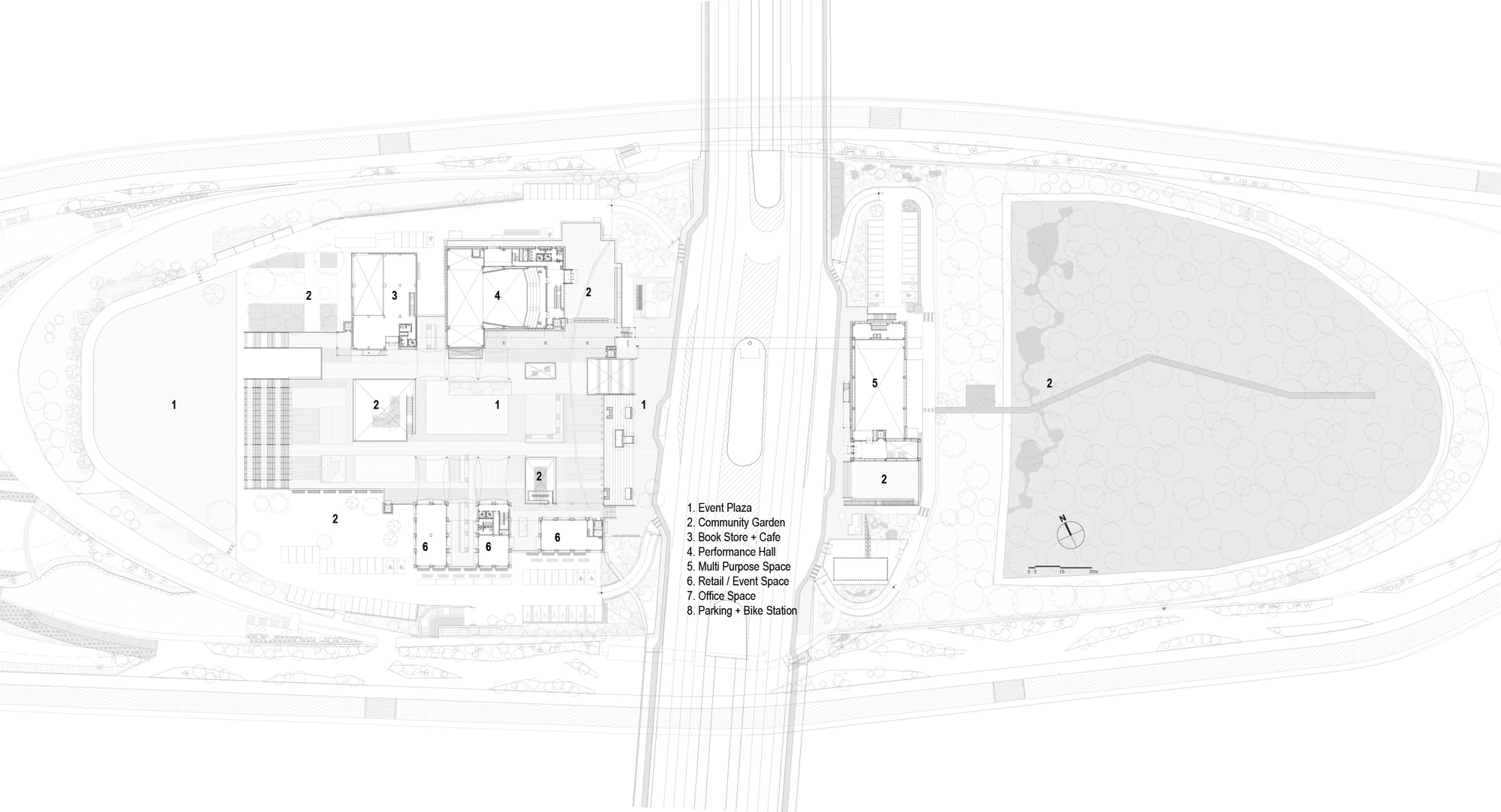 Site plan drawing showing building footprints arranged around roadway infrastructure and landscape areas