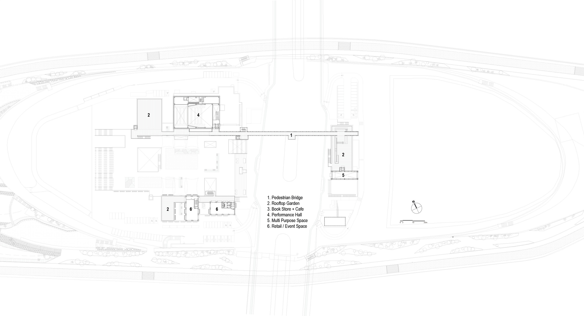 Site plan drawing showing pedestrian bridge connecting buildings across major thoroughfare with surrounding roads