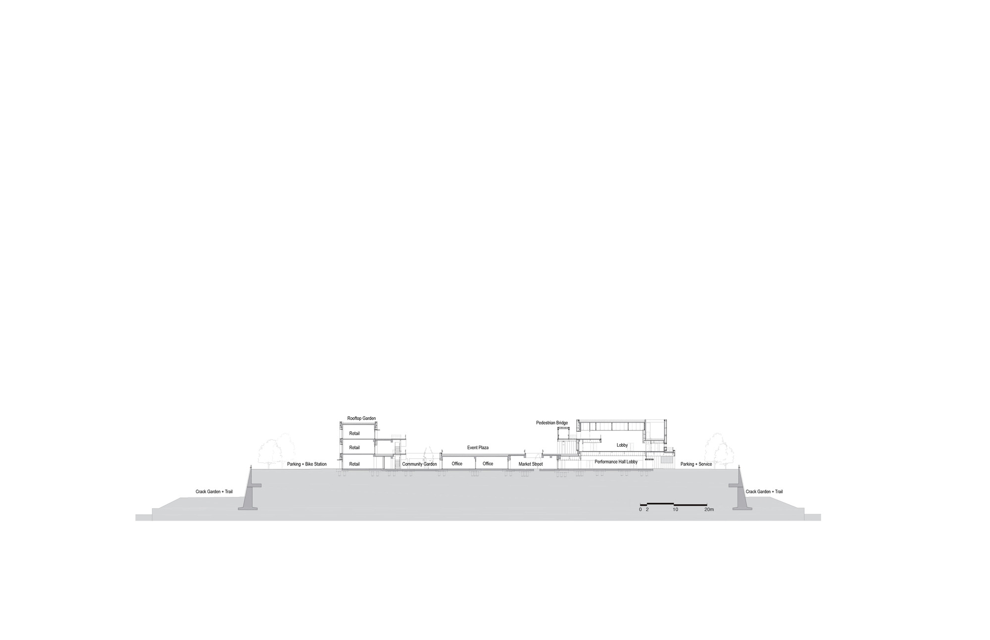 Section drawing depicting the building profile with varied roof heights and flanking landscape elements