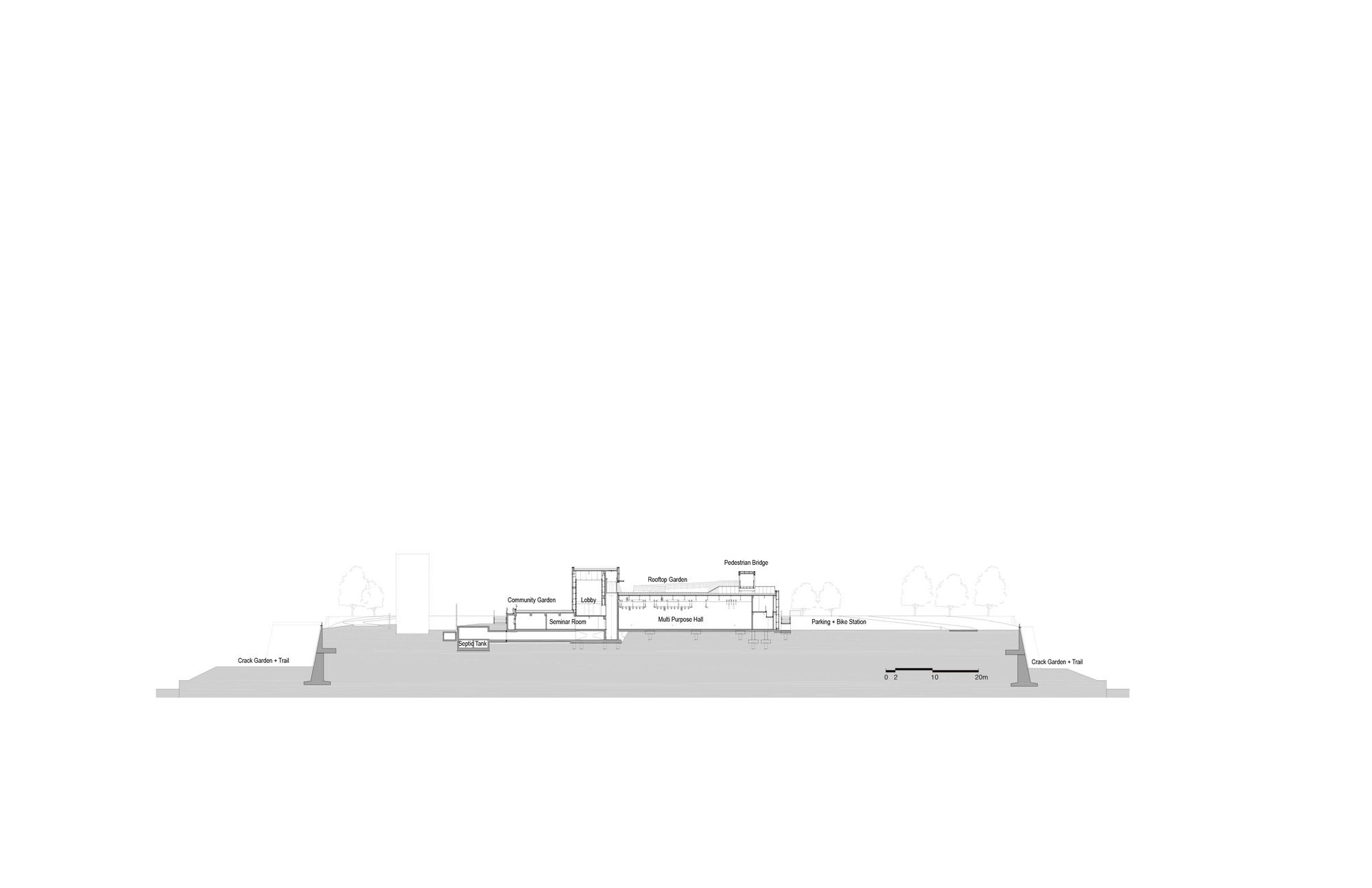 Section drawing illustrating the central building mass with stepped rooflines and sloping site context
