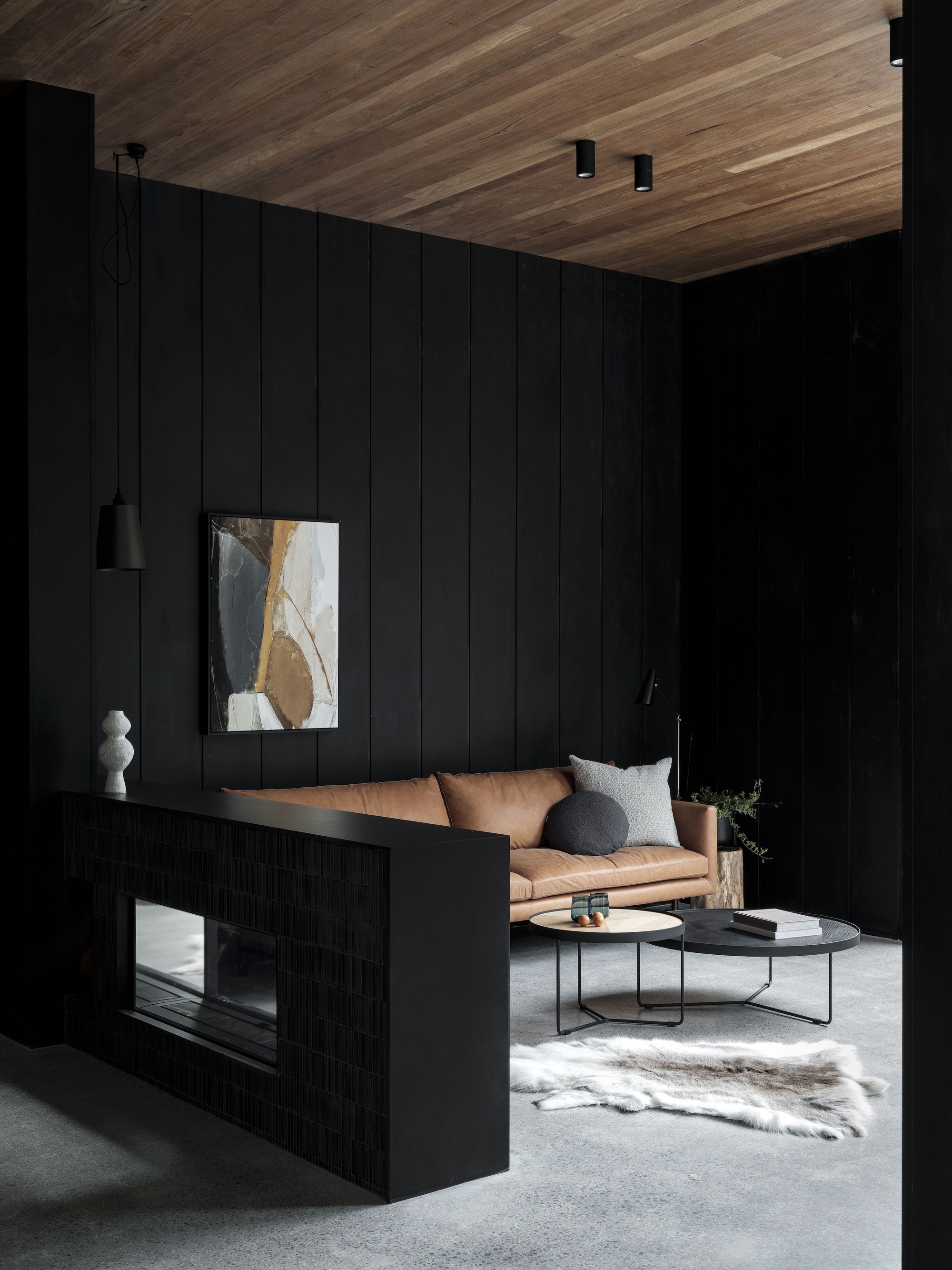 Living area with black vertical paneling and timber ceiling in low afternoon light