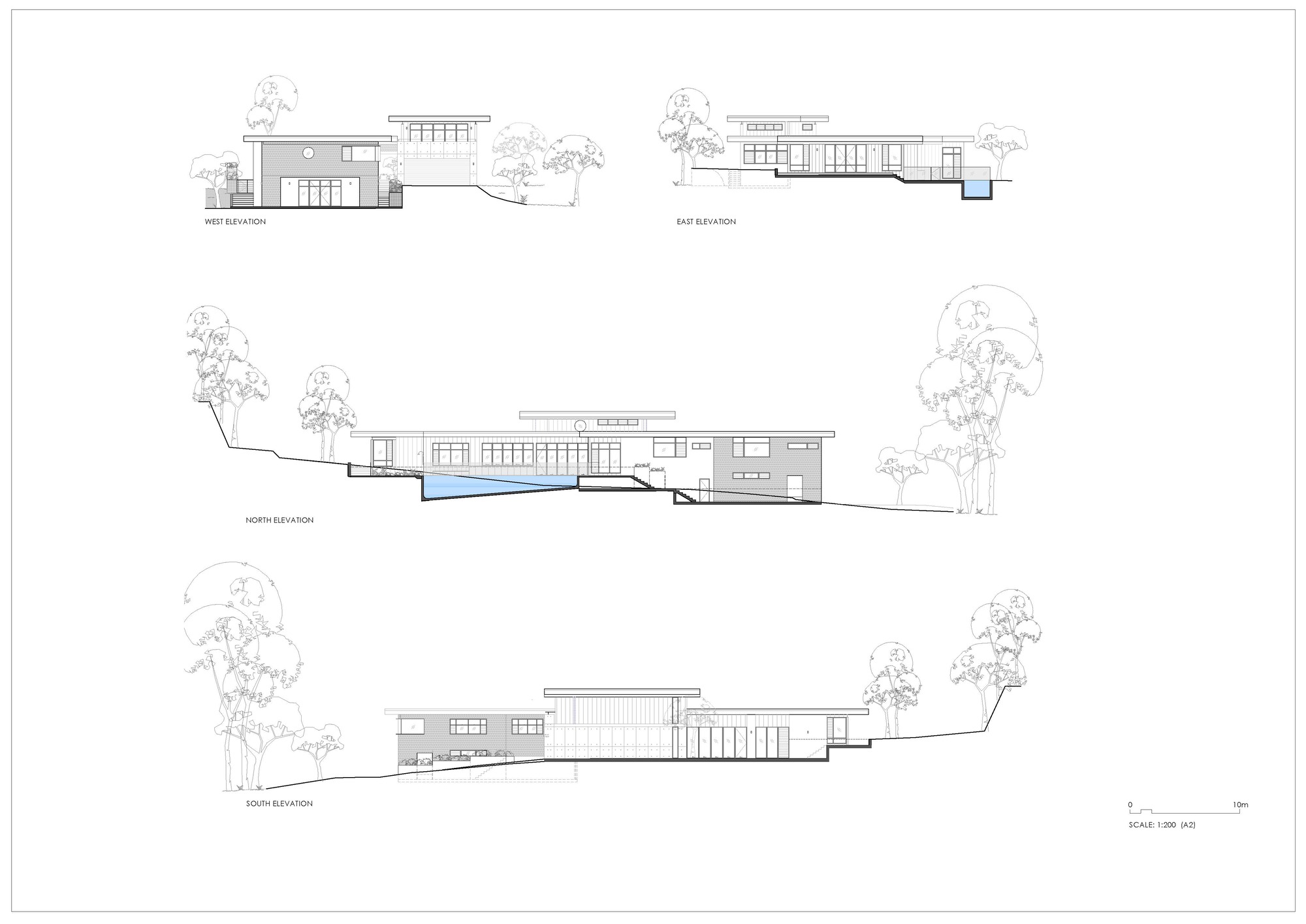 Elevation drawings from four cardinal directions showing the residence set into sloping terrain with surrounding trees