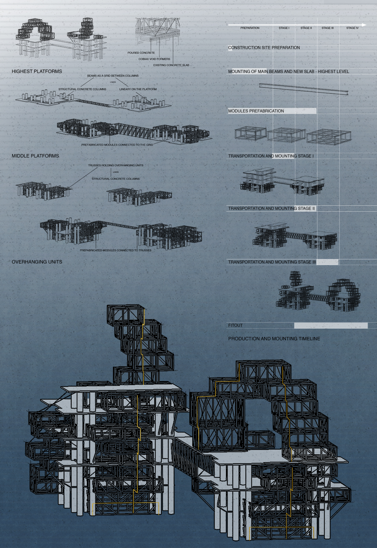 Residential, dining, and community facilities organized within flexible modular volumes overlooking the open ocean.