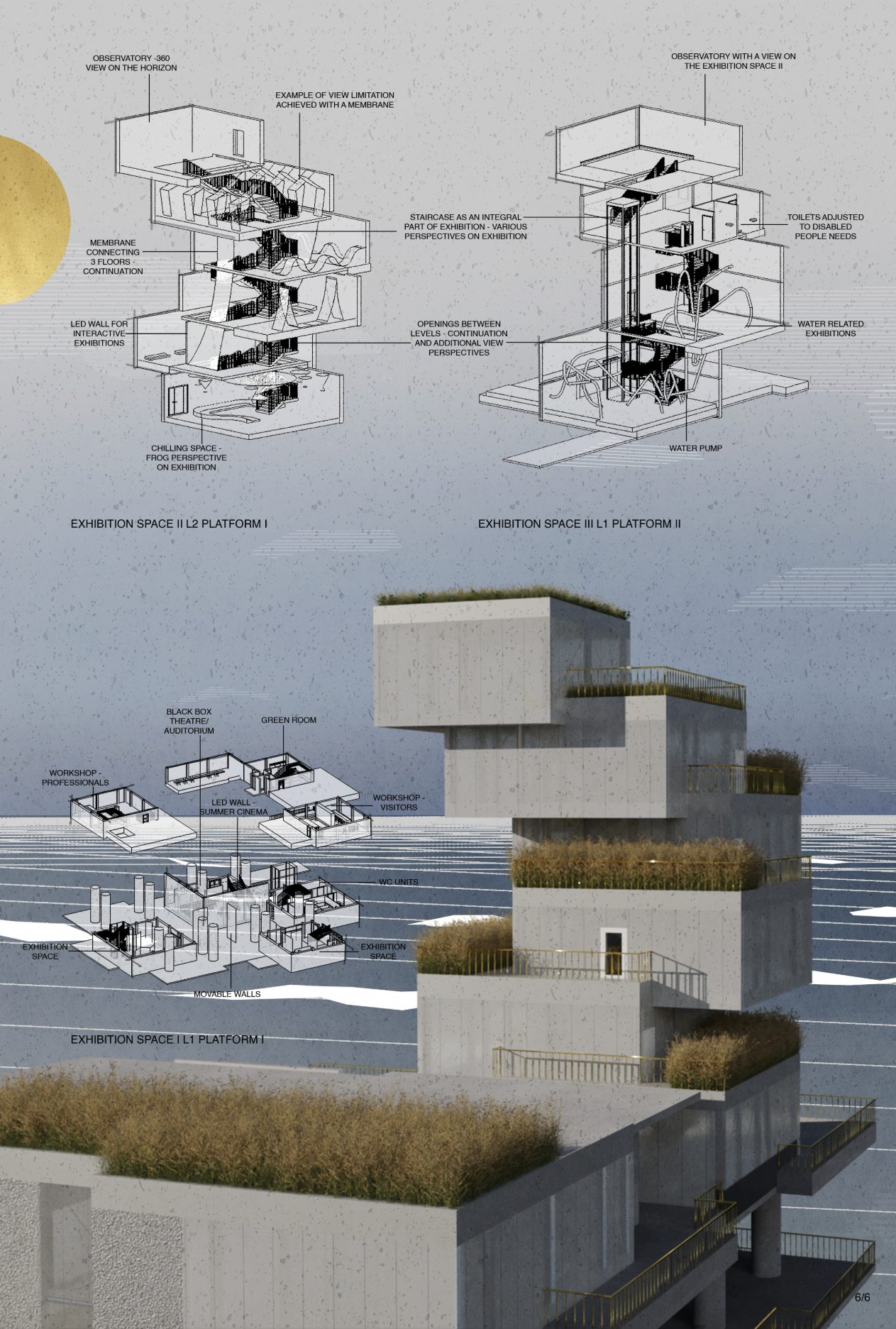 Exhibition spaces and observation decks designed to create immersive experiences connecting visitors with sea and sky.