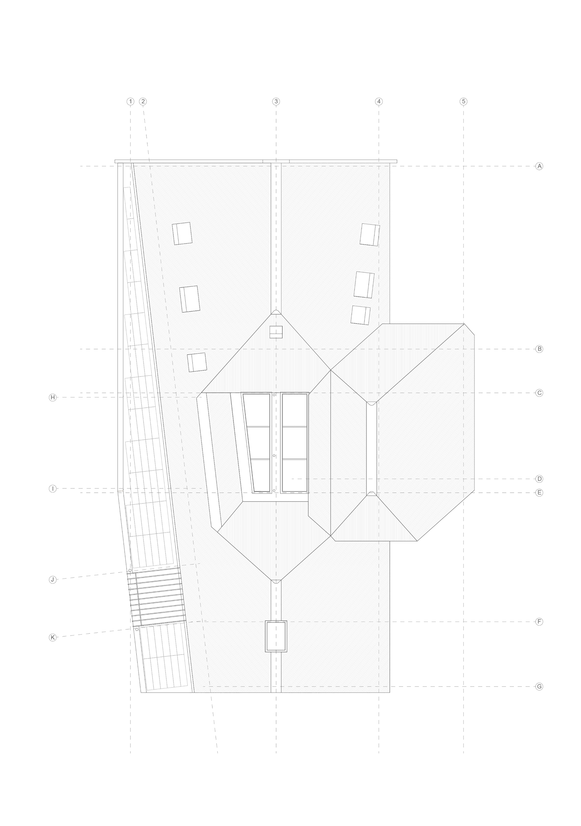 Roof plan drawing showing a diamond-shaped volume with pyramidal roof forms and adjacent terrace