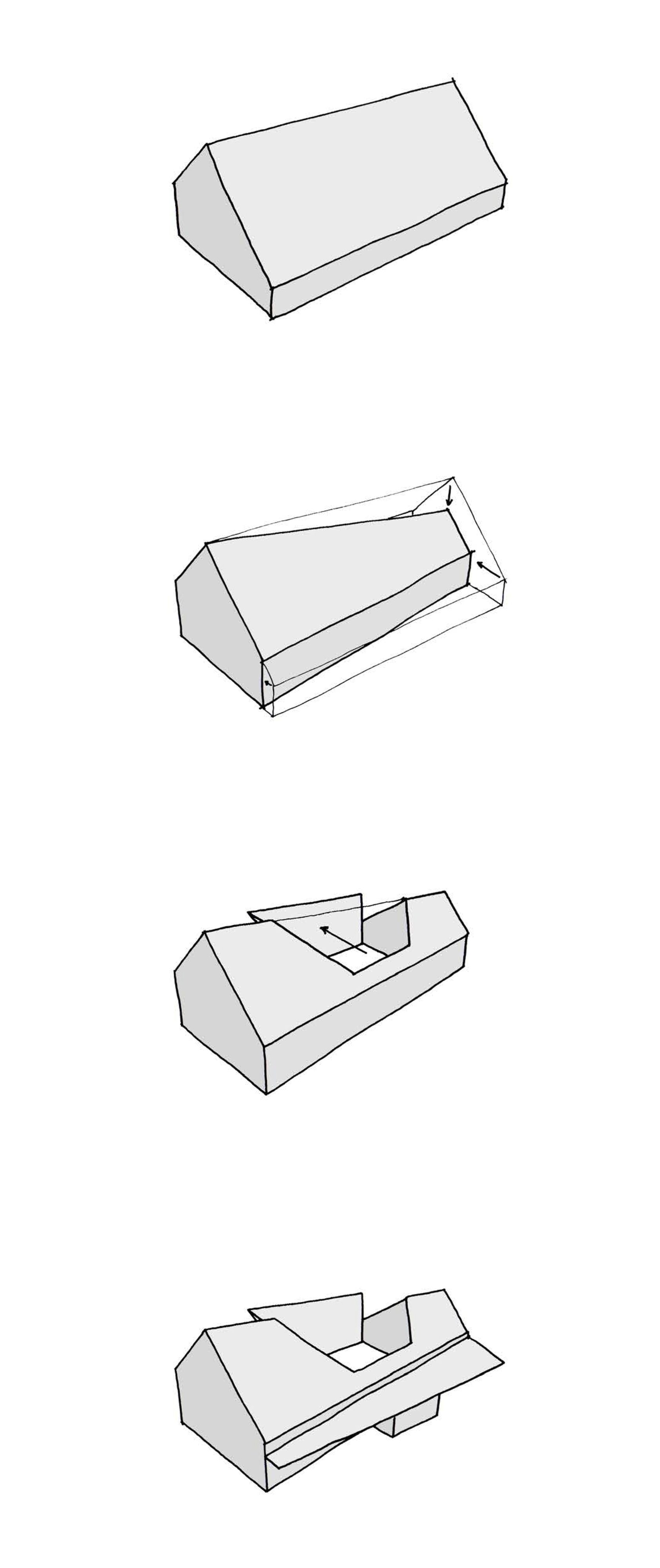 Axonometric sketch sequence illustrating four stages of volumetric transformation with folding roof planes