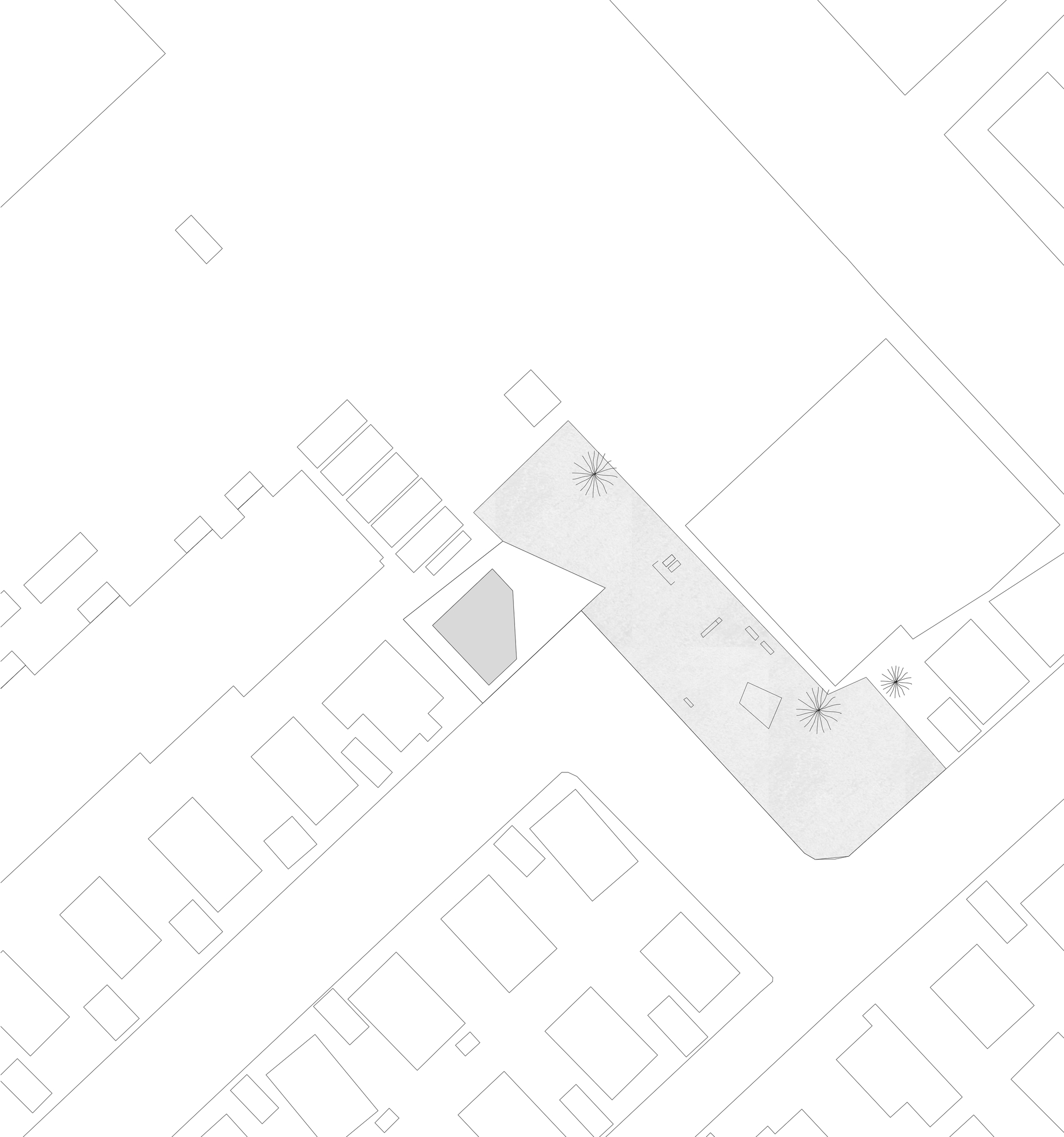 Site plan drawing showing a trapezoidal volume with courtyard positioned among neighboring rectangular structures