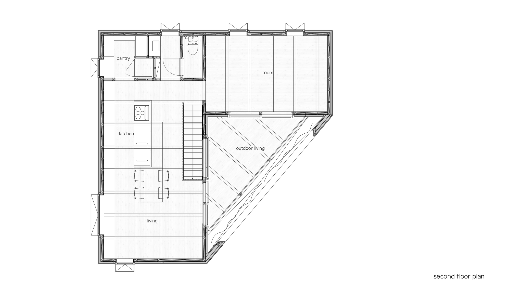 Second floor plan drawing showing open living areas with angled outdoor living space and clerestory windows