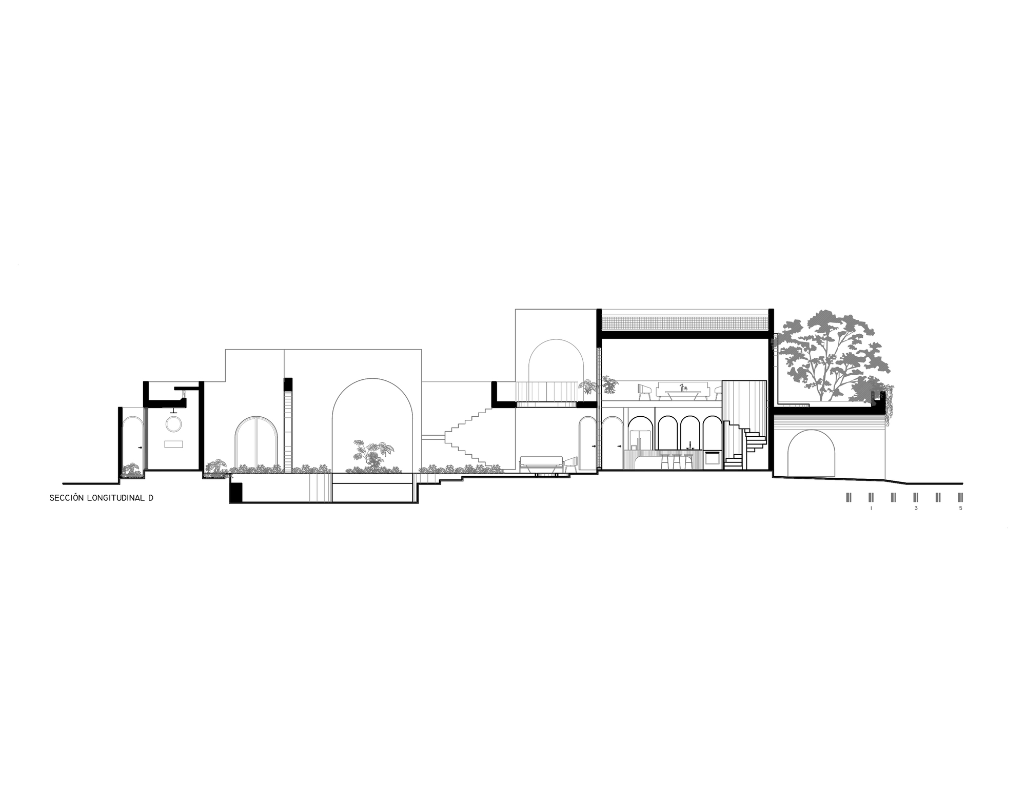 Longitudinal section drawing showing split-level arrangement with staircase and planted terraces under flat roof